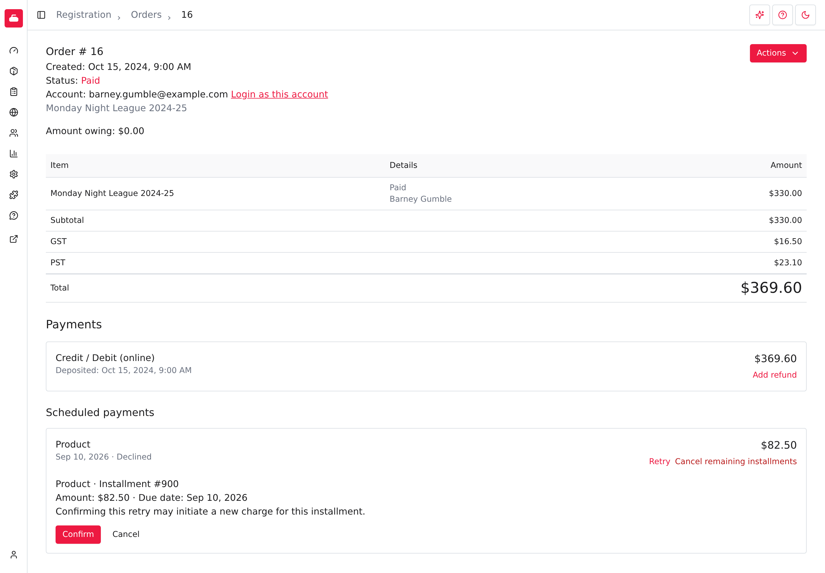 A declined installment under Scheduled payments, with the Retry confirmation open.