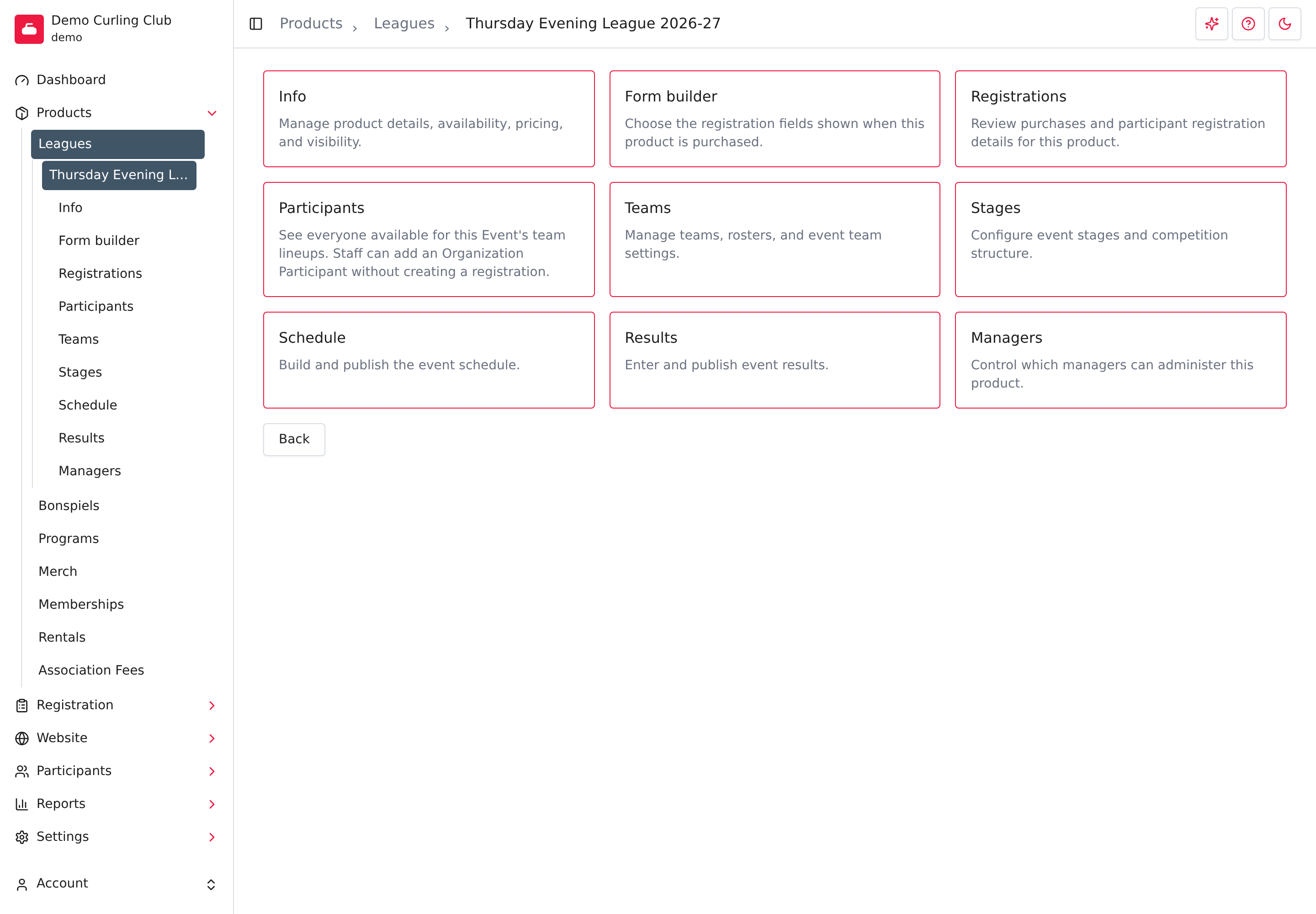 The saved Thursday Evening League overview, with Leagues highlighted and registration and competition tools available.