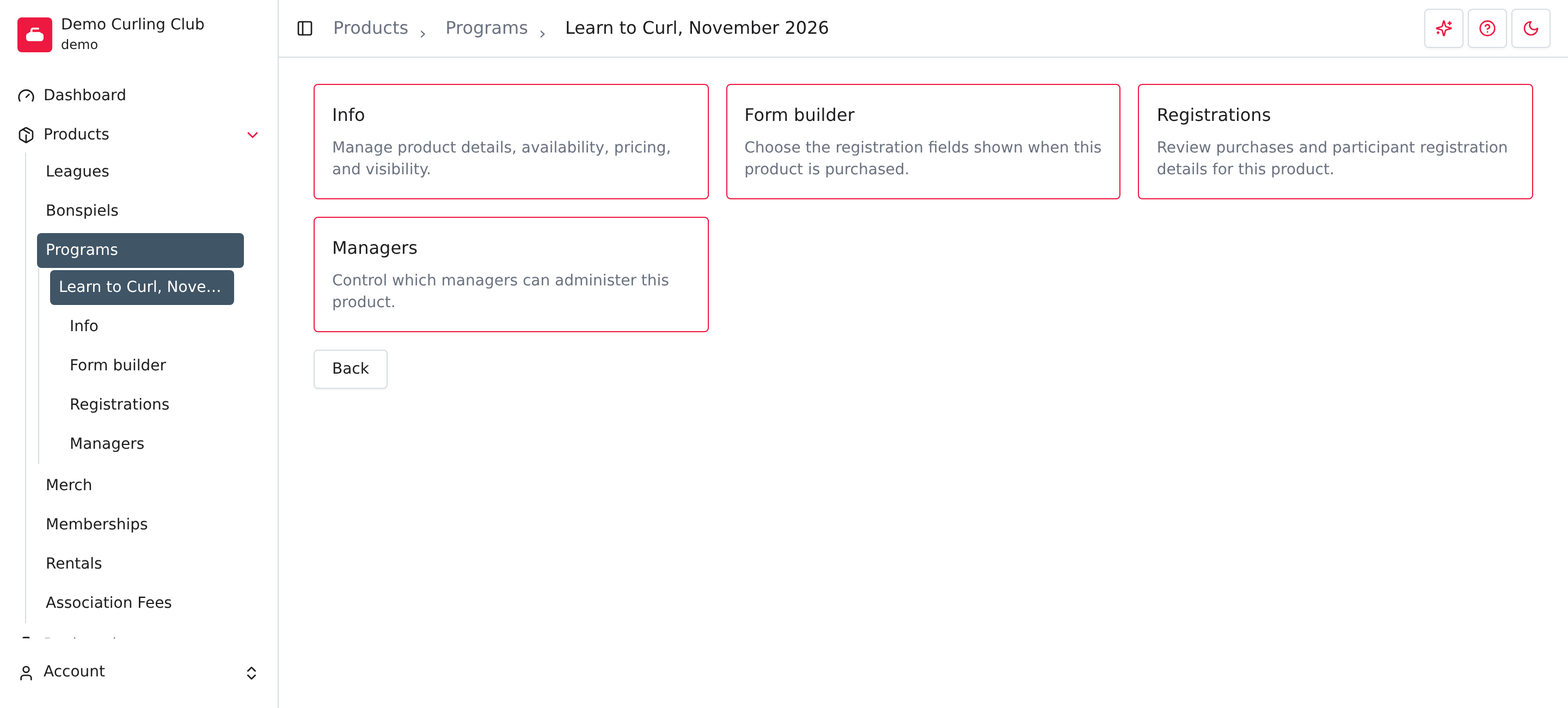The Learn to Curl overview, with Programs highlighted and registration tools available.