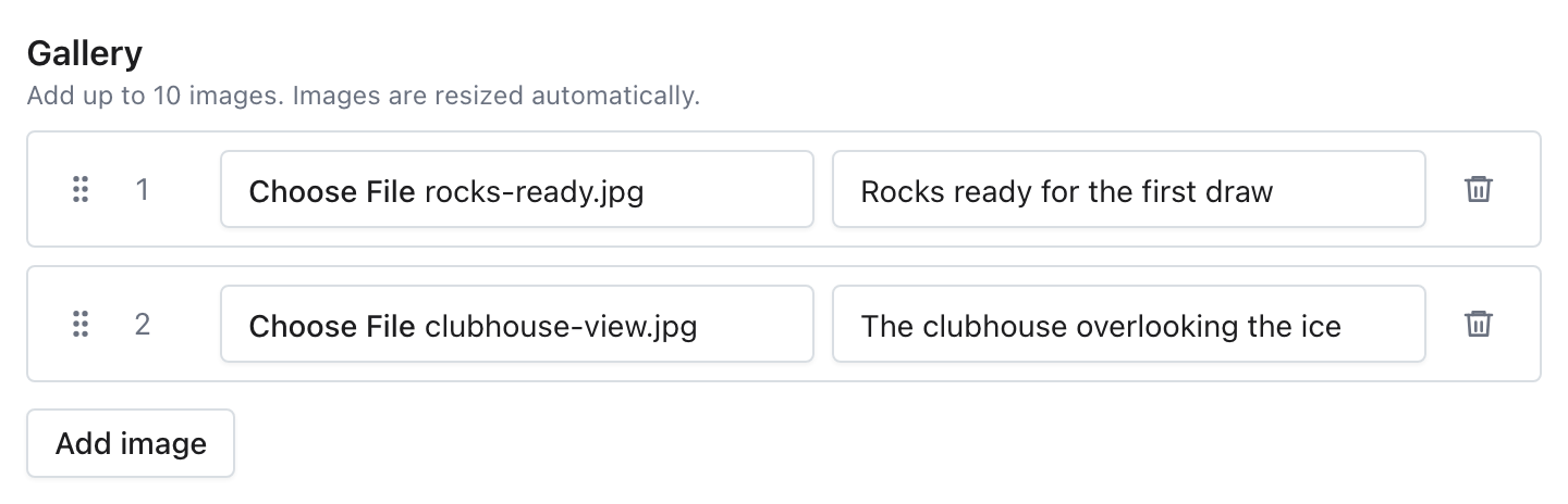 Gallery section with two curling club images, captions, position numbers, drag handles, and remove buttons.