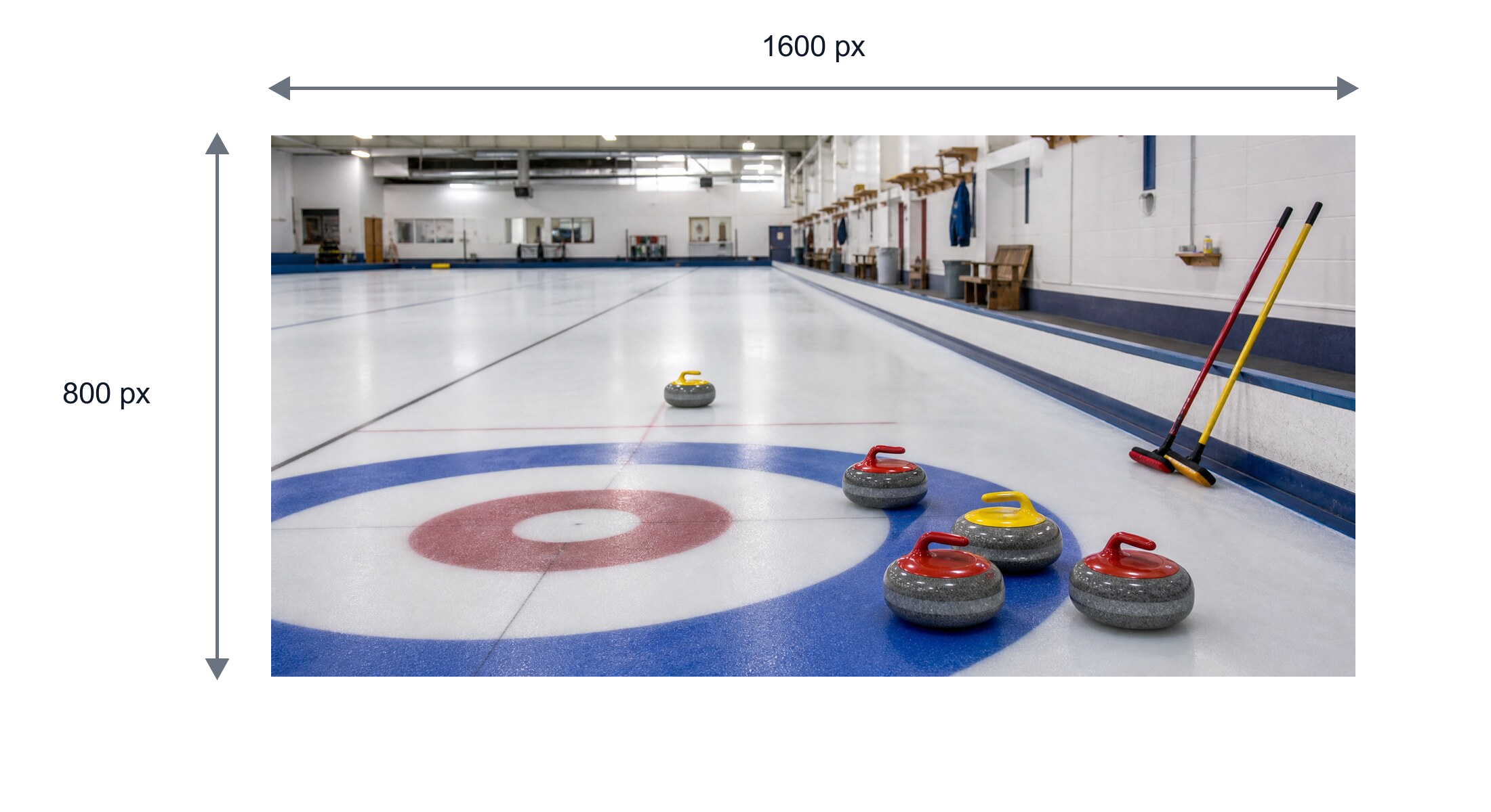 Recommended 1600 by 800 pixel Page image showing curling stones and brooms on the ice.