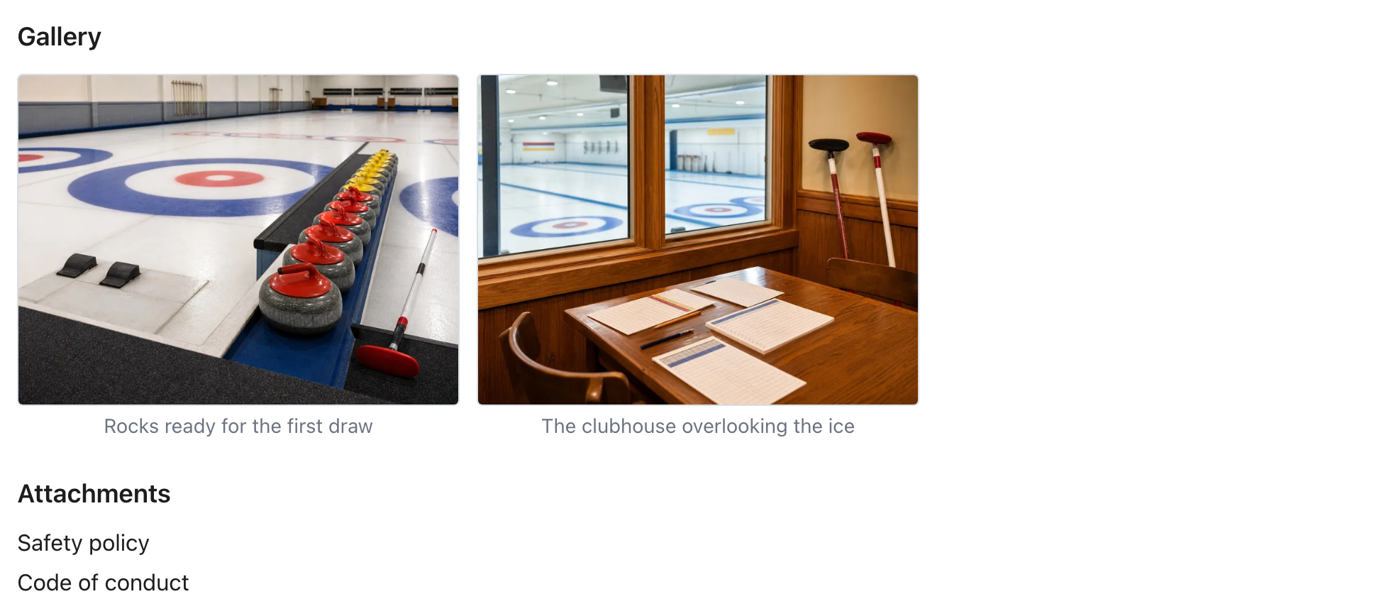 Public Page Gallery with two images and the Safety policy and Code of conduct Attachment links.