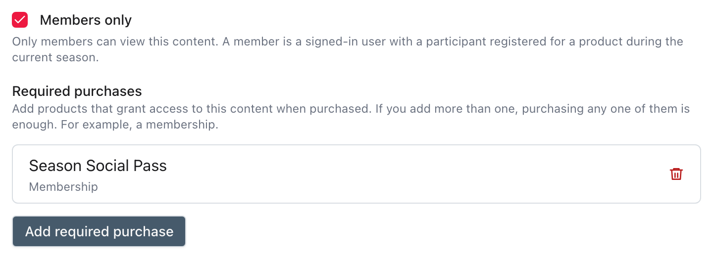 Page visibility controls with Members only and a Club Membership required purchase.