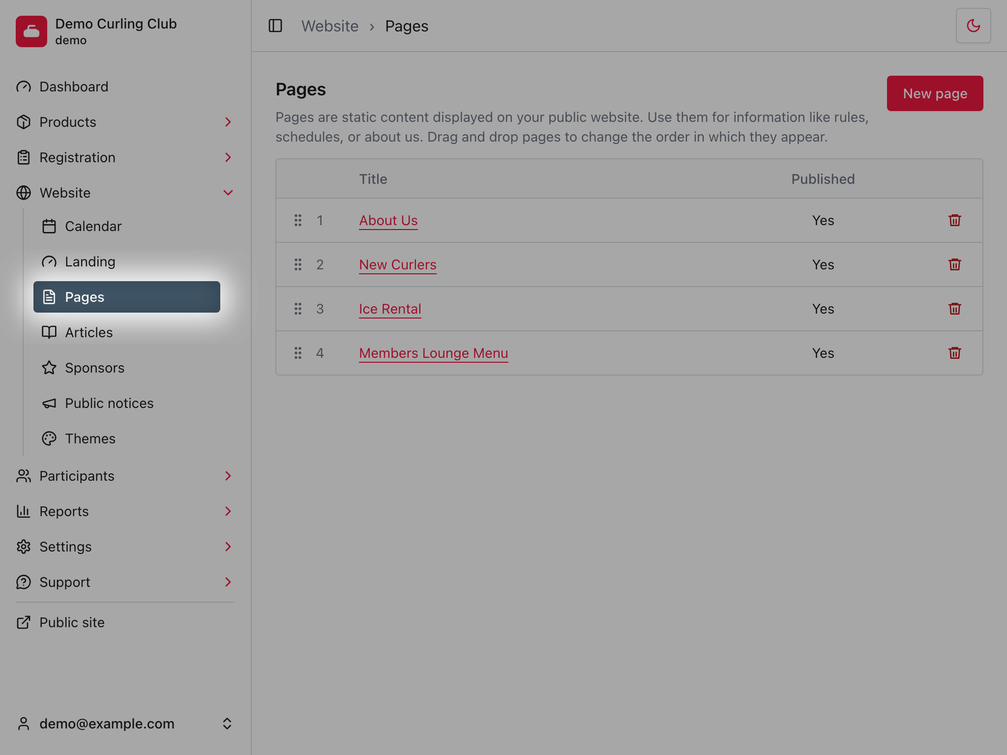 Pages administration screen with existing Pages, drag handles, publication status, and the New page button.