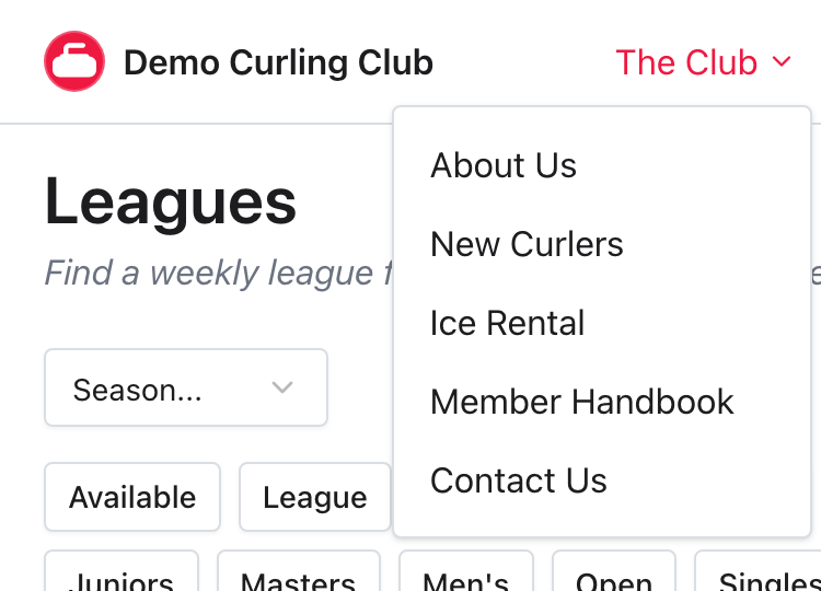 Public website navigation with the Member Handbook Page listed under The Club.