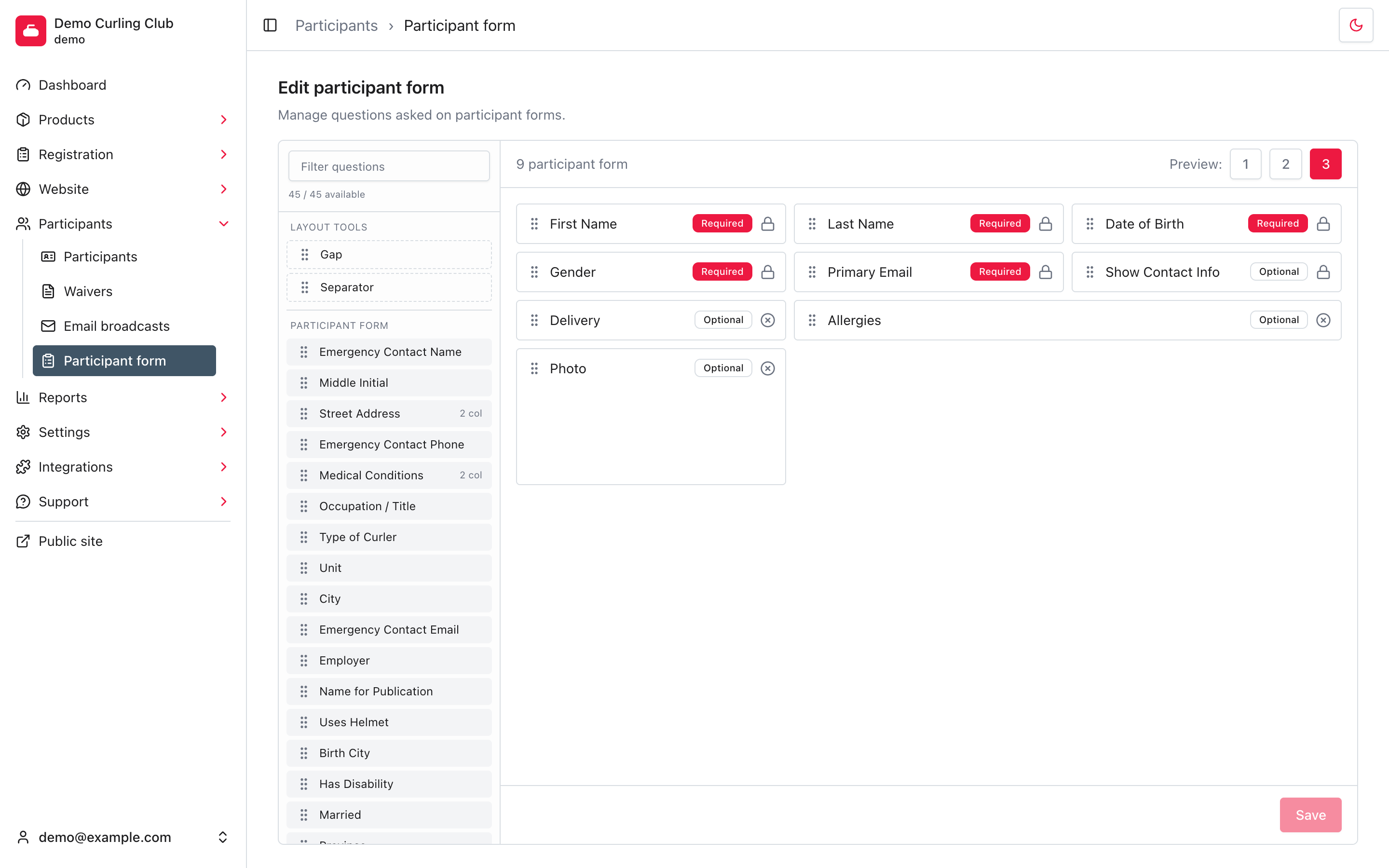 Participant form selected at the end of the Participants administration navigation.