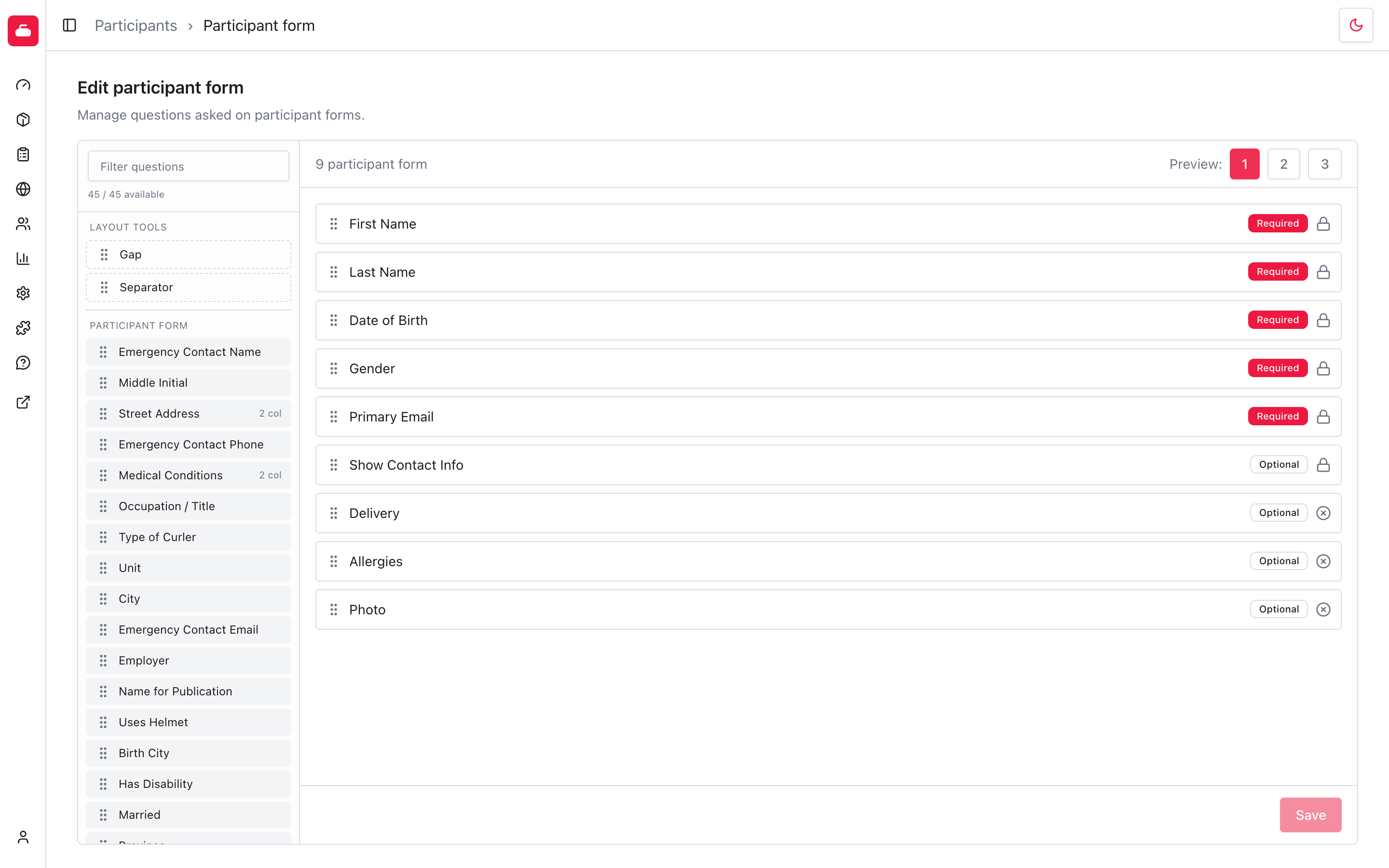 Participant form canvas previewed in one column.