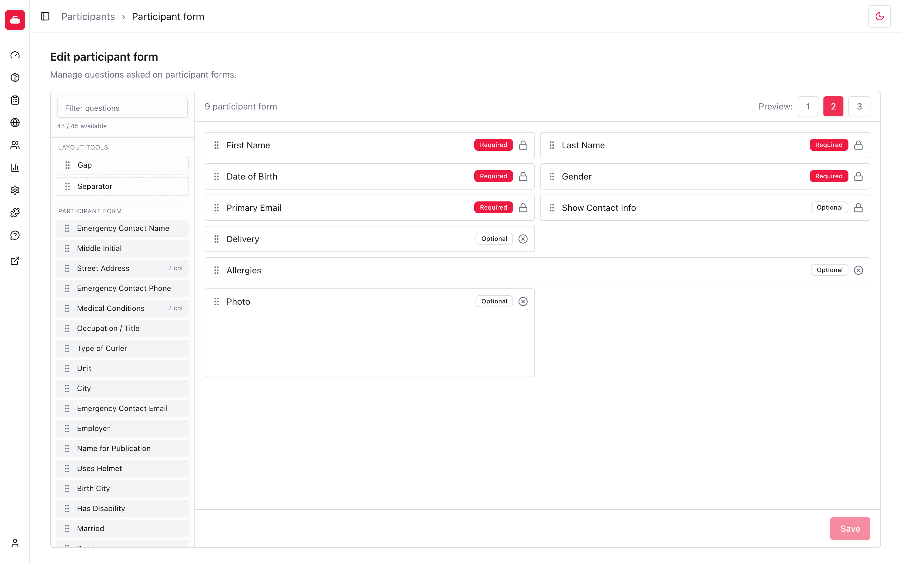 The same participant form canvas previewed in two columns.