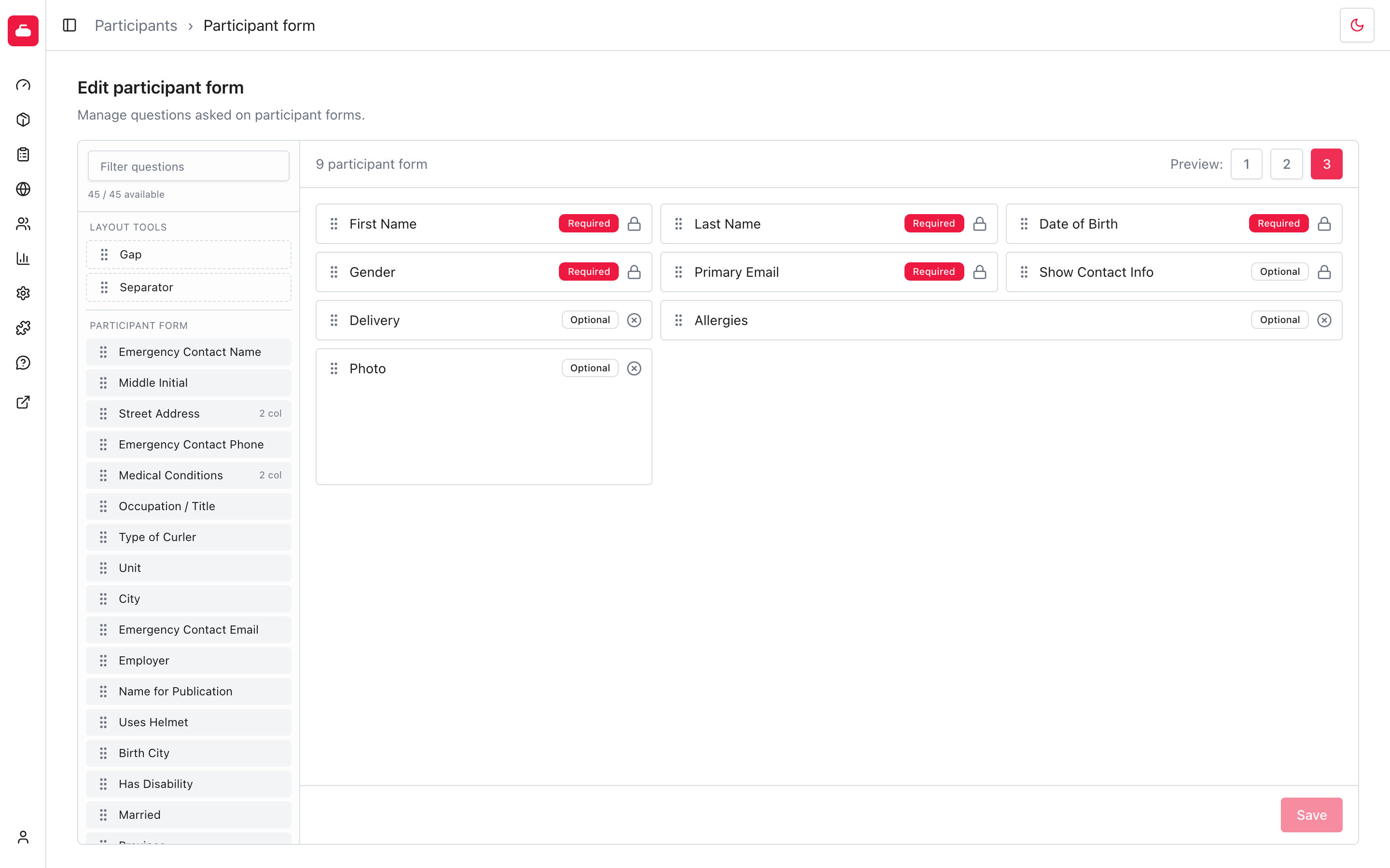 The same participant form canvas previewed in three columns.