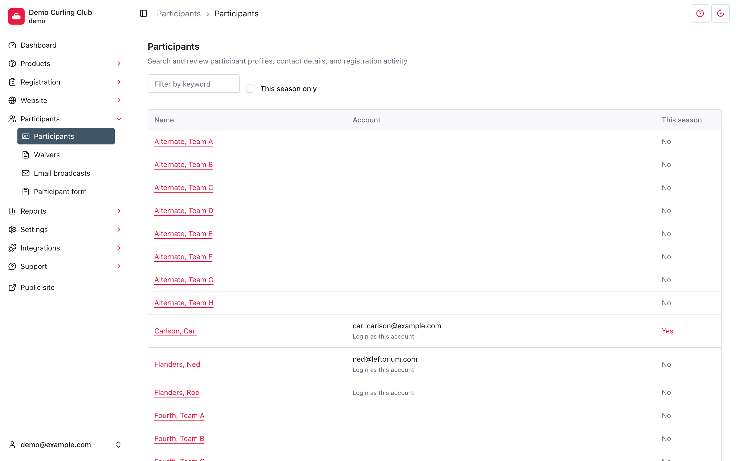 Participants administration screen with the Participants navigation open, keyword and season filters, account details, and registration status