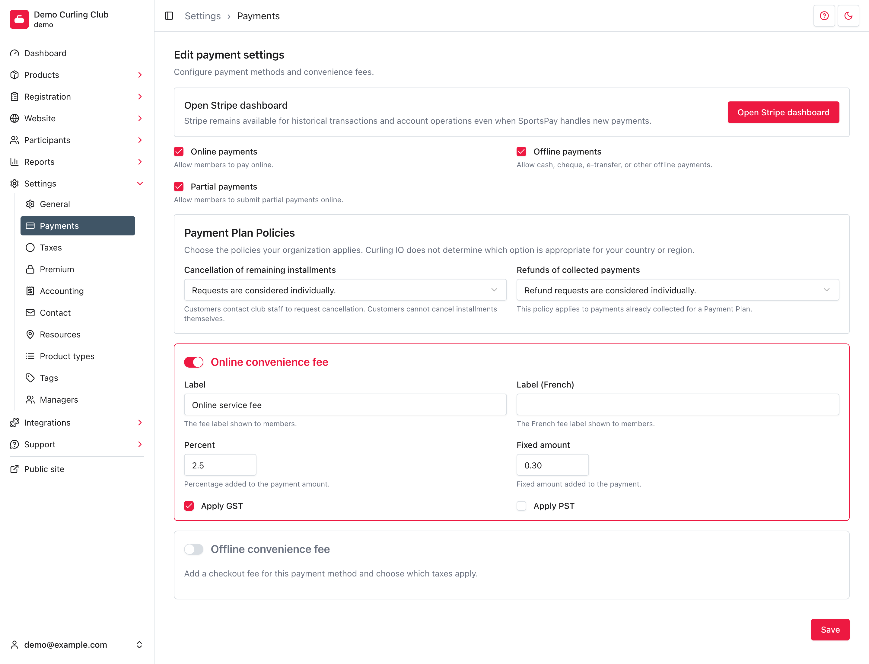Payment settings with online, offline, and partial payments enabled, payment plan policies selected, and an online convenience fee configured.