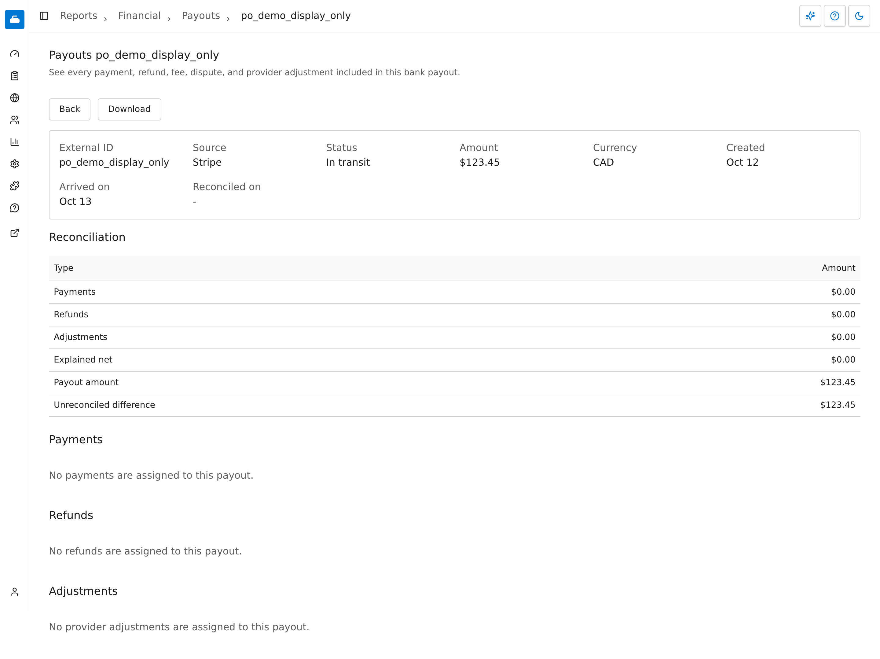 Example payout detail showing readable status and source labels, a separate reconcile date, and the reconciliation table.