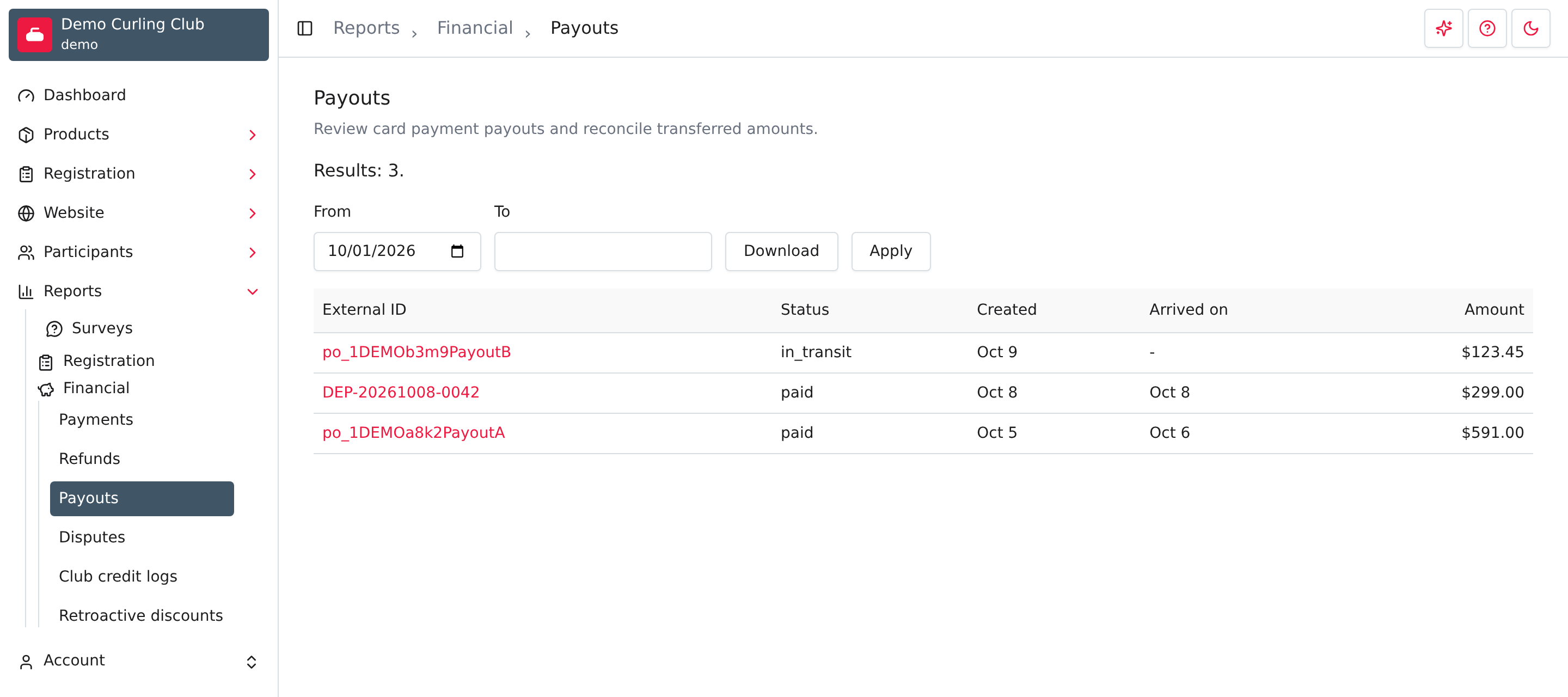Payouts report showing Stripe and SportsPay payouts recorded since the start of the season.