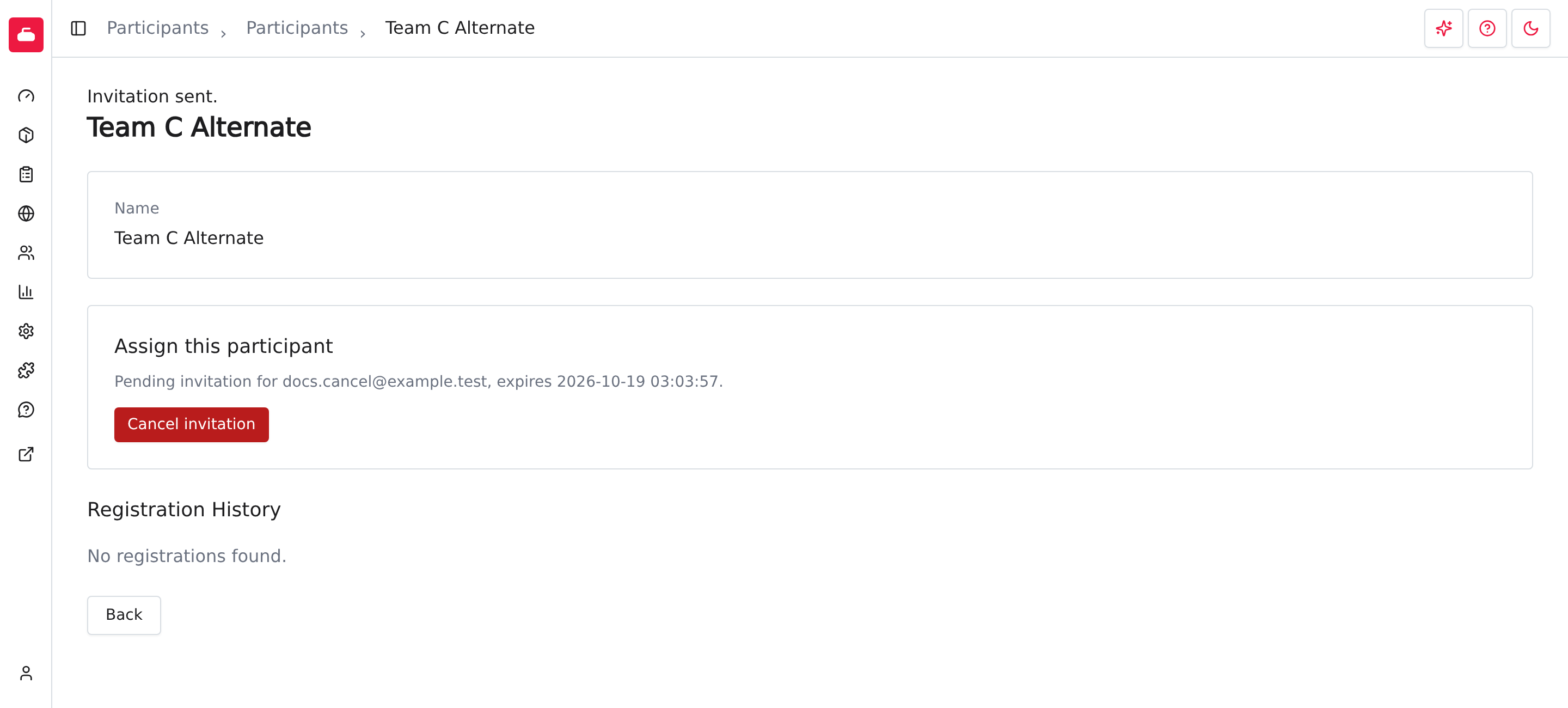 A pending participant invitation with its recipient, expiry, and Cancel invitation button.