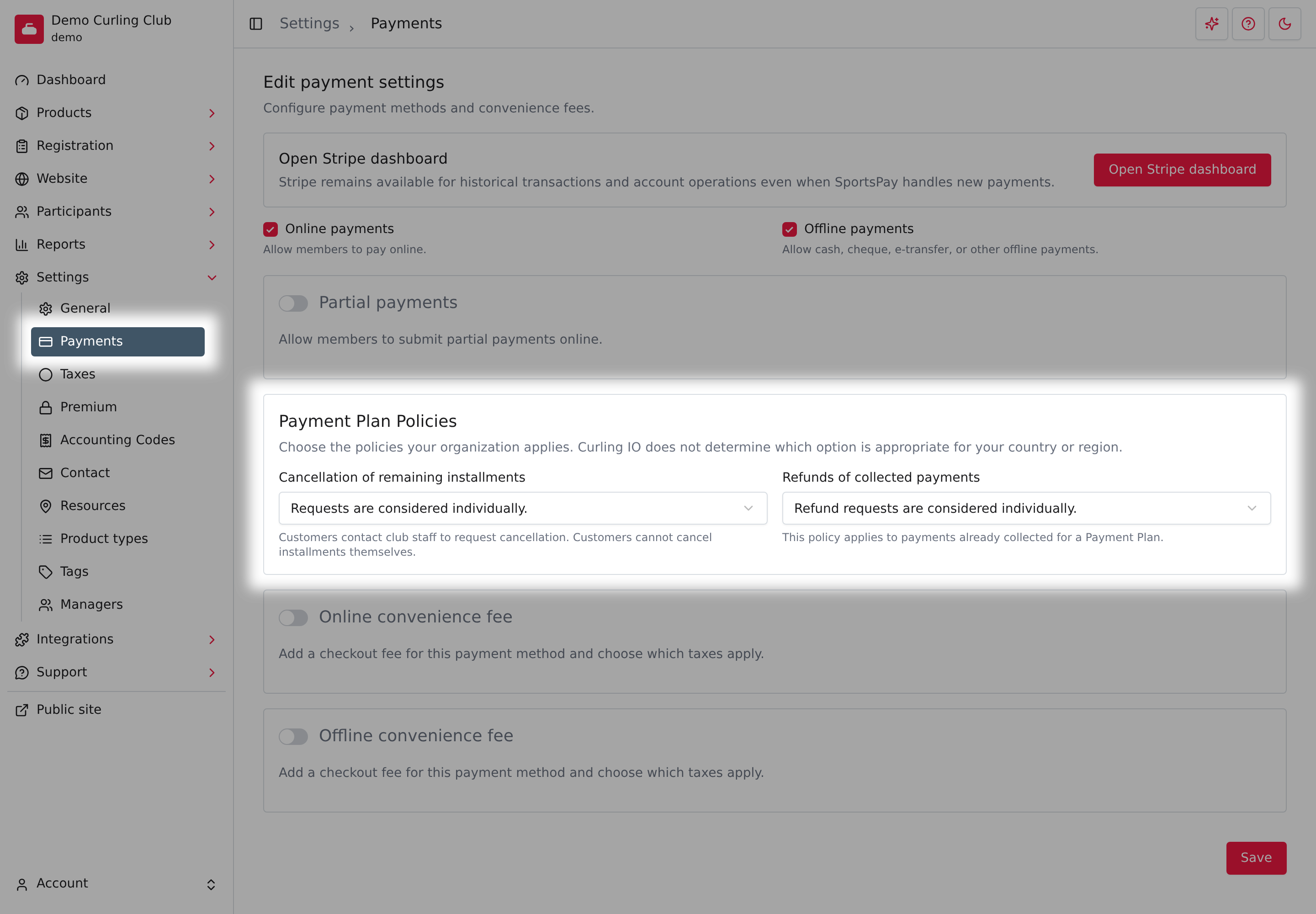 Payment Plan Policies in Settings > Payments, with the Payments navigation item highlighted.