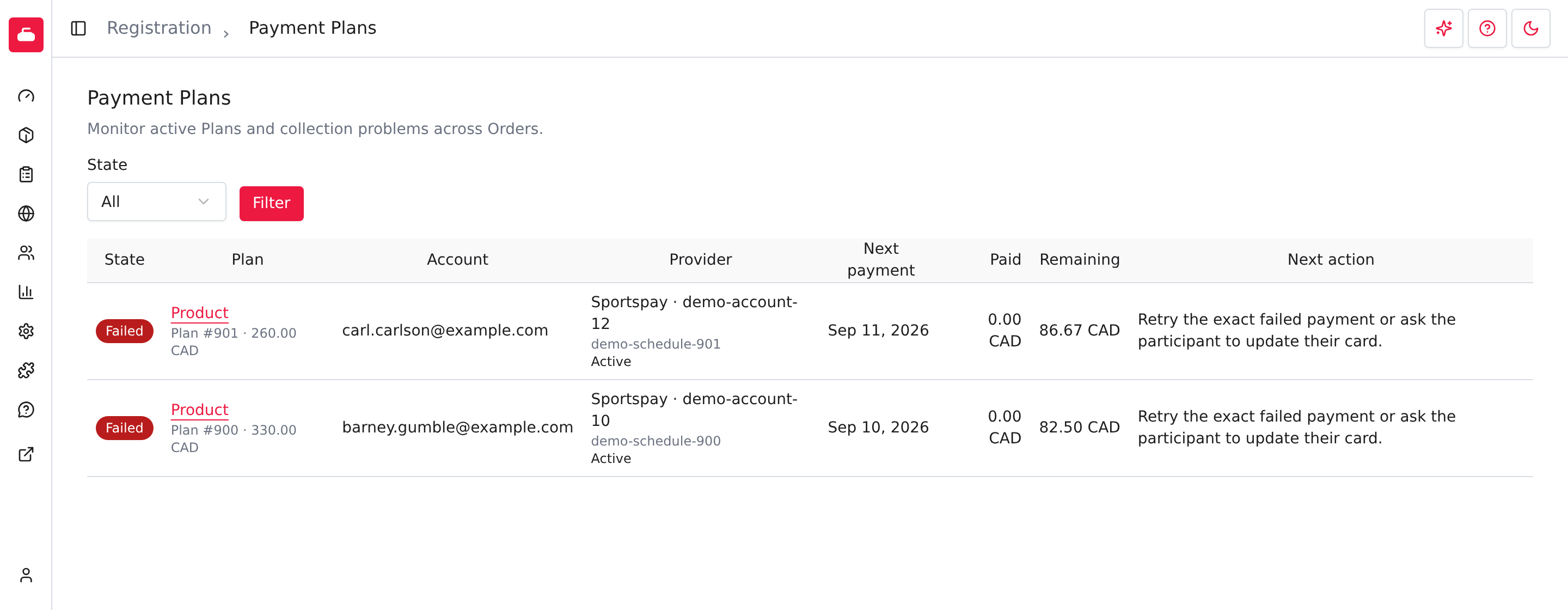 The Payment Plans queue showing declined demo installments and the suggested next action, with the admin navigation collapsed.