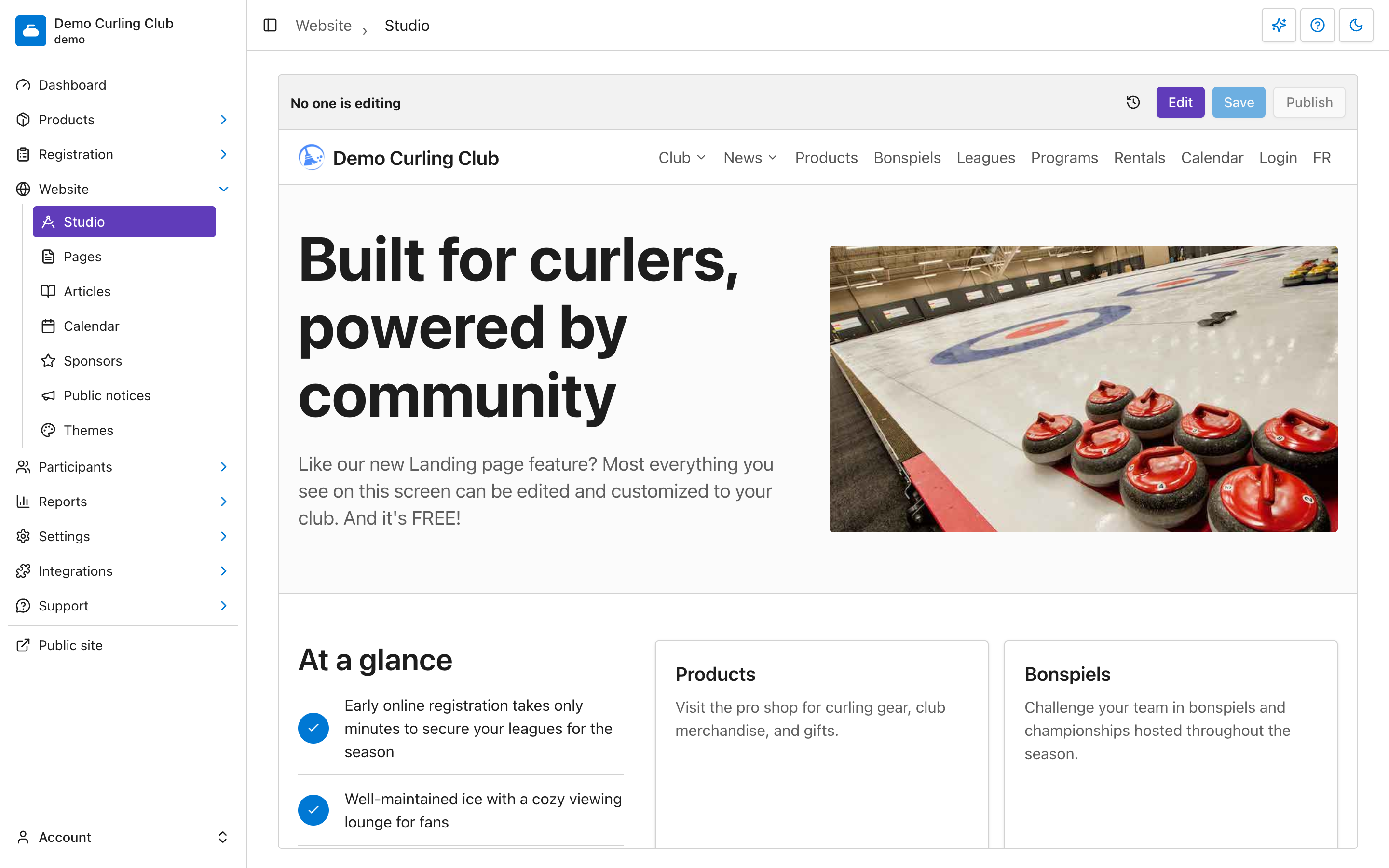 Website Studio showing the Demo Curling Club homepage preview and editing toolbar.