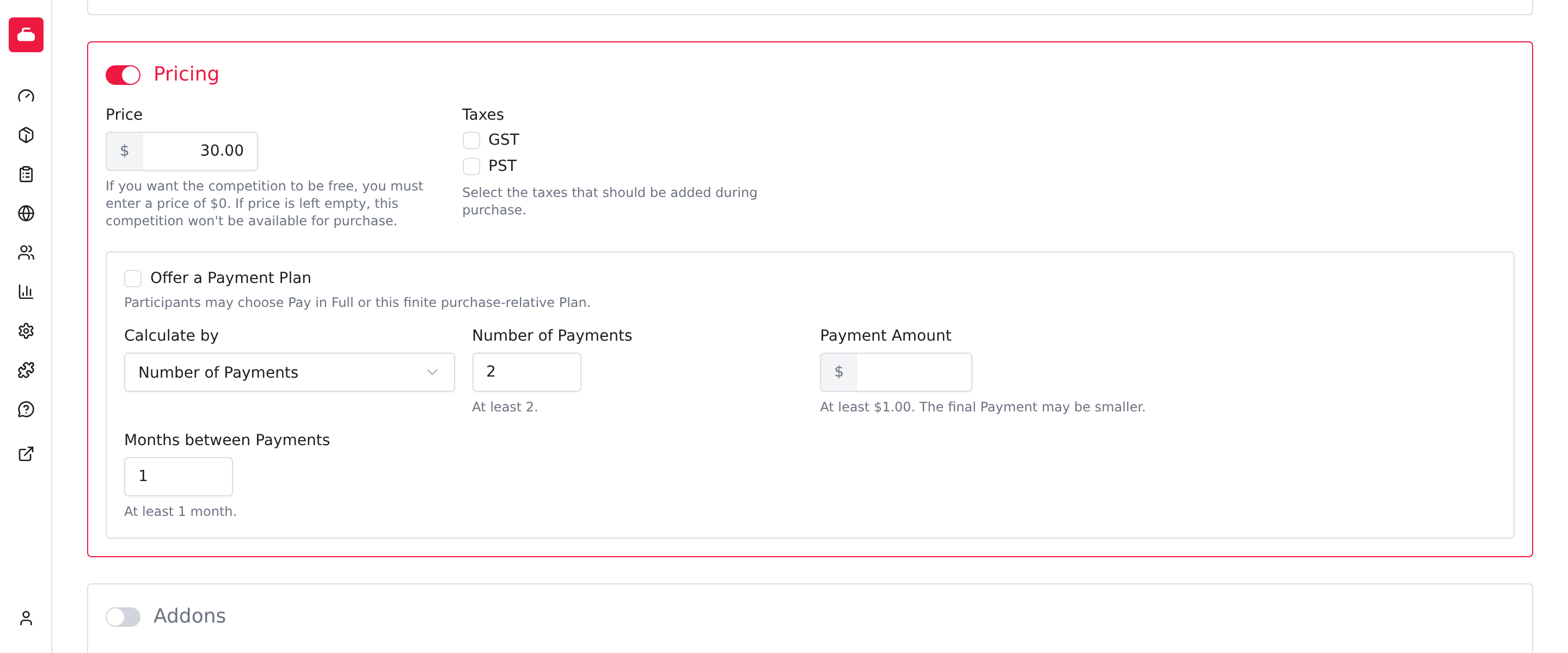Pricing enabled with a price of 30.00 and no taxes selected in this example.