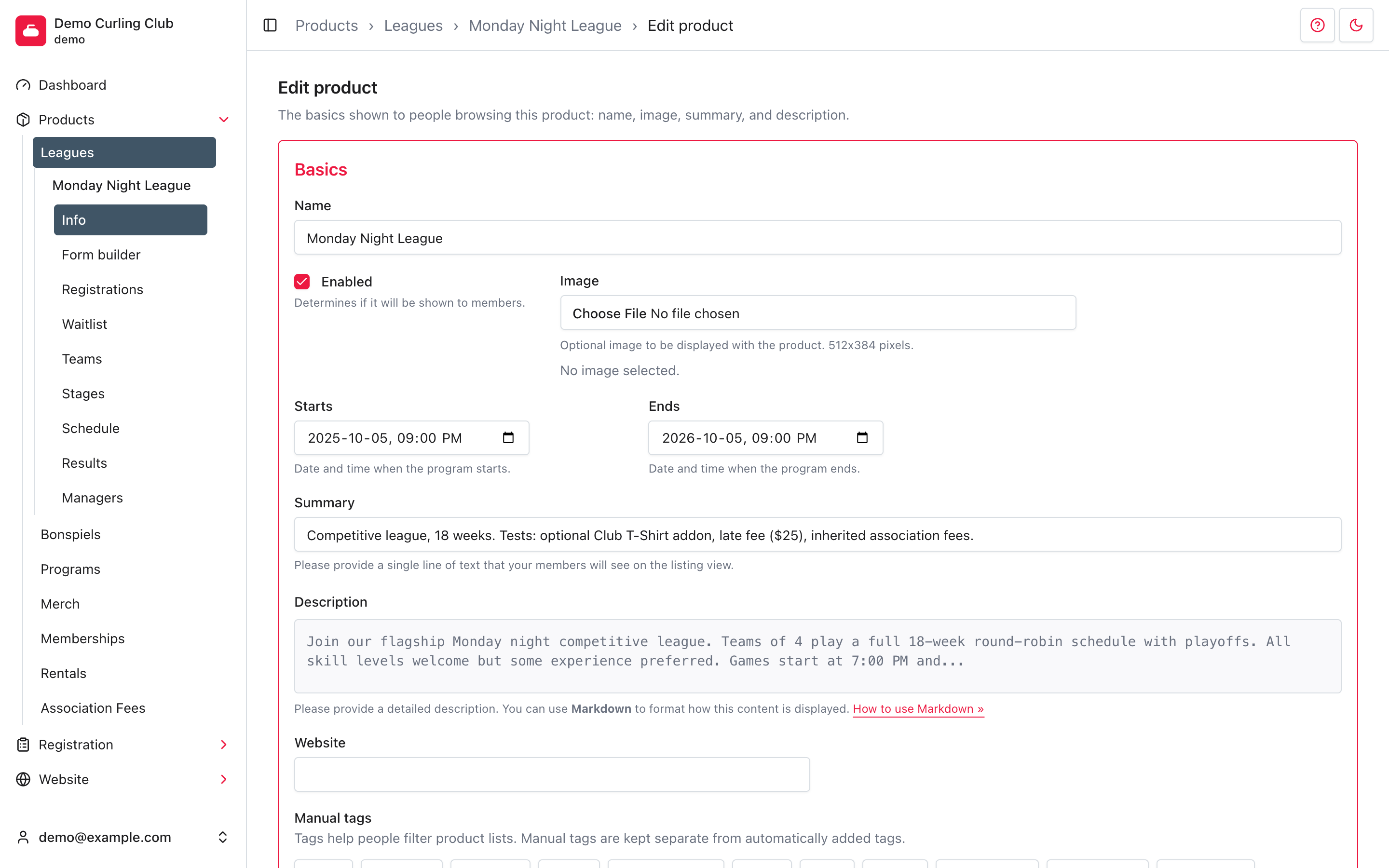 Product Info open for the Monday Night League, with the product navigation and Basics settings visible