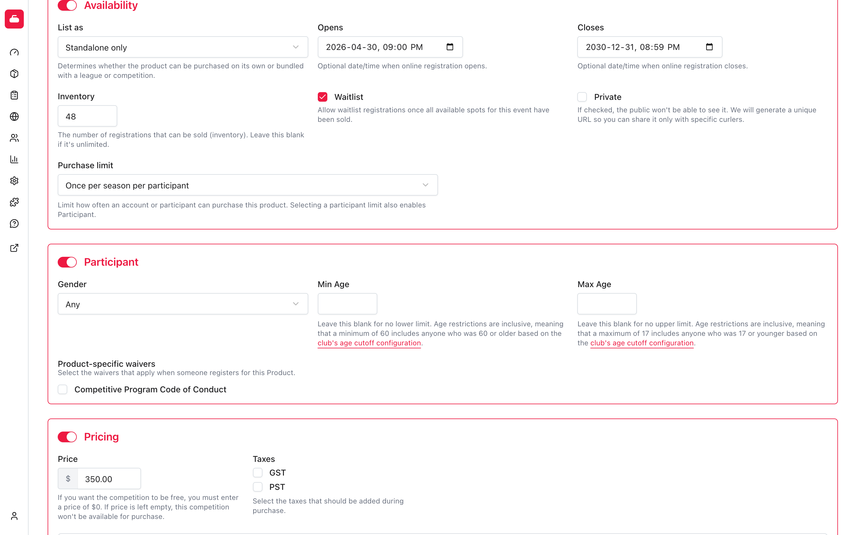 Availability, Participant, and Pricing sections on Product Info