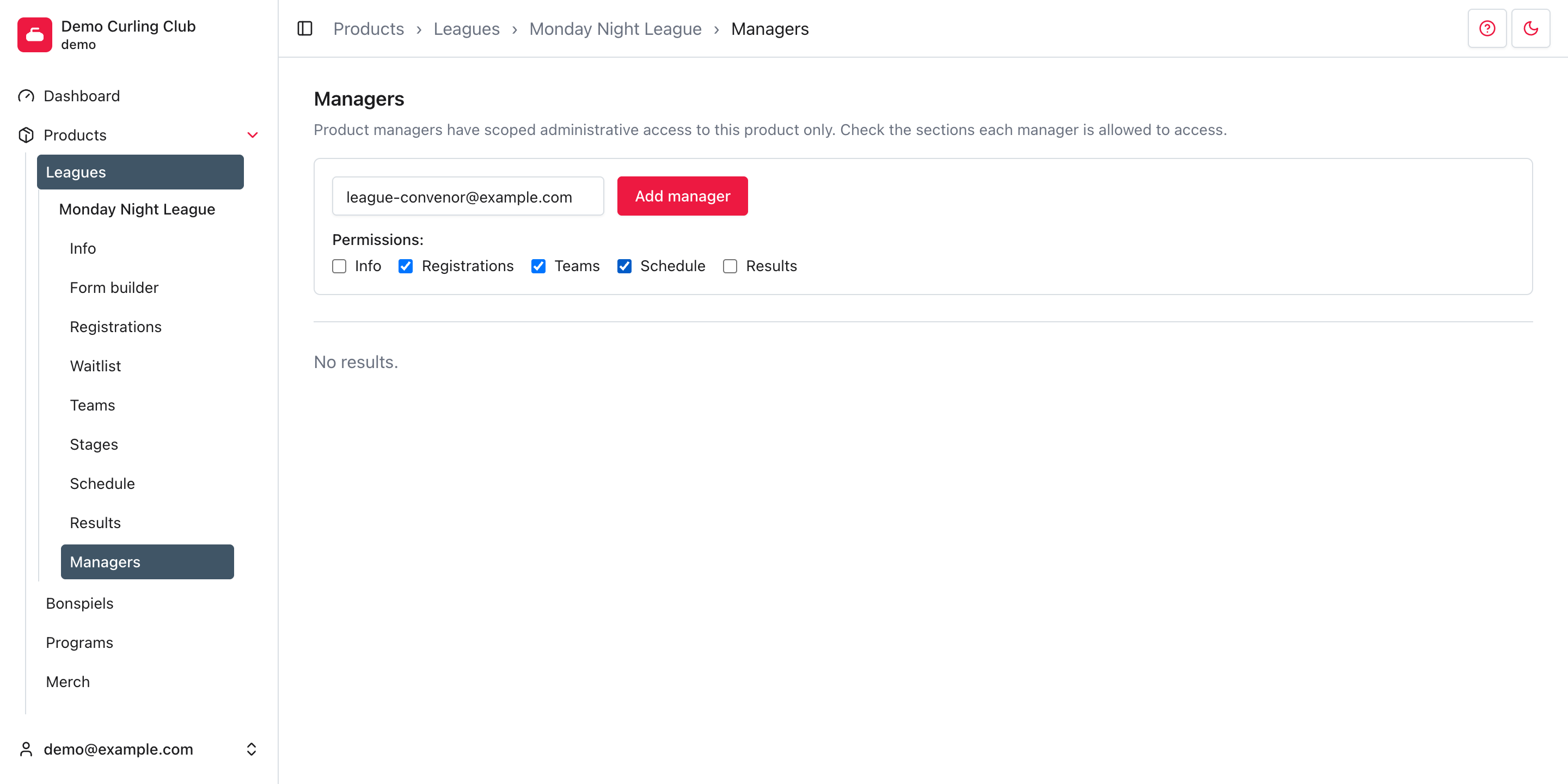 Managers selected for the Monday Night League with an email address and scoped permissions ready to add