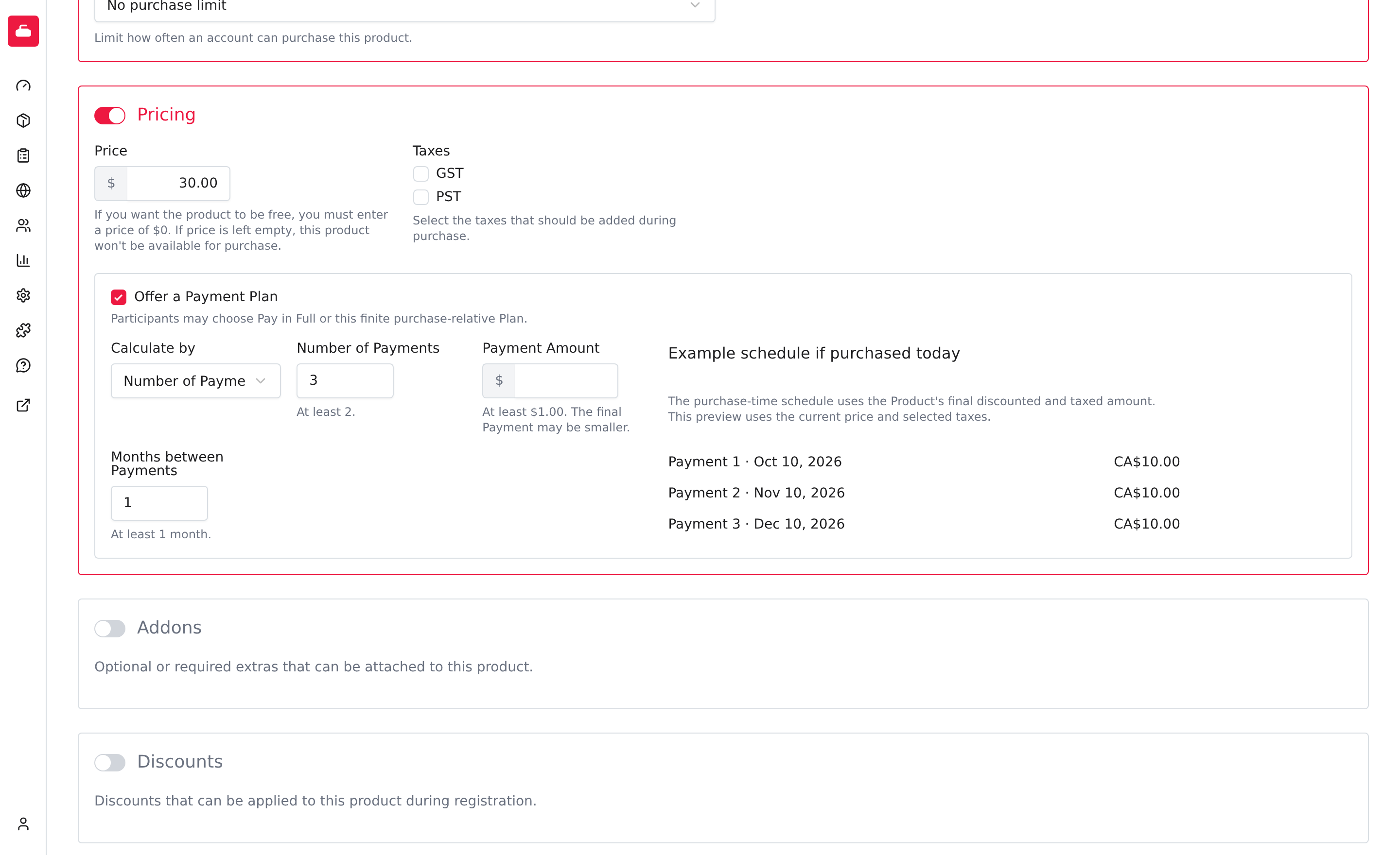 Product pricing with Offer a Payment Plan enabled, three payments, and one month between payments.