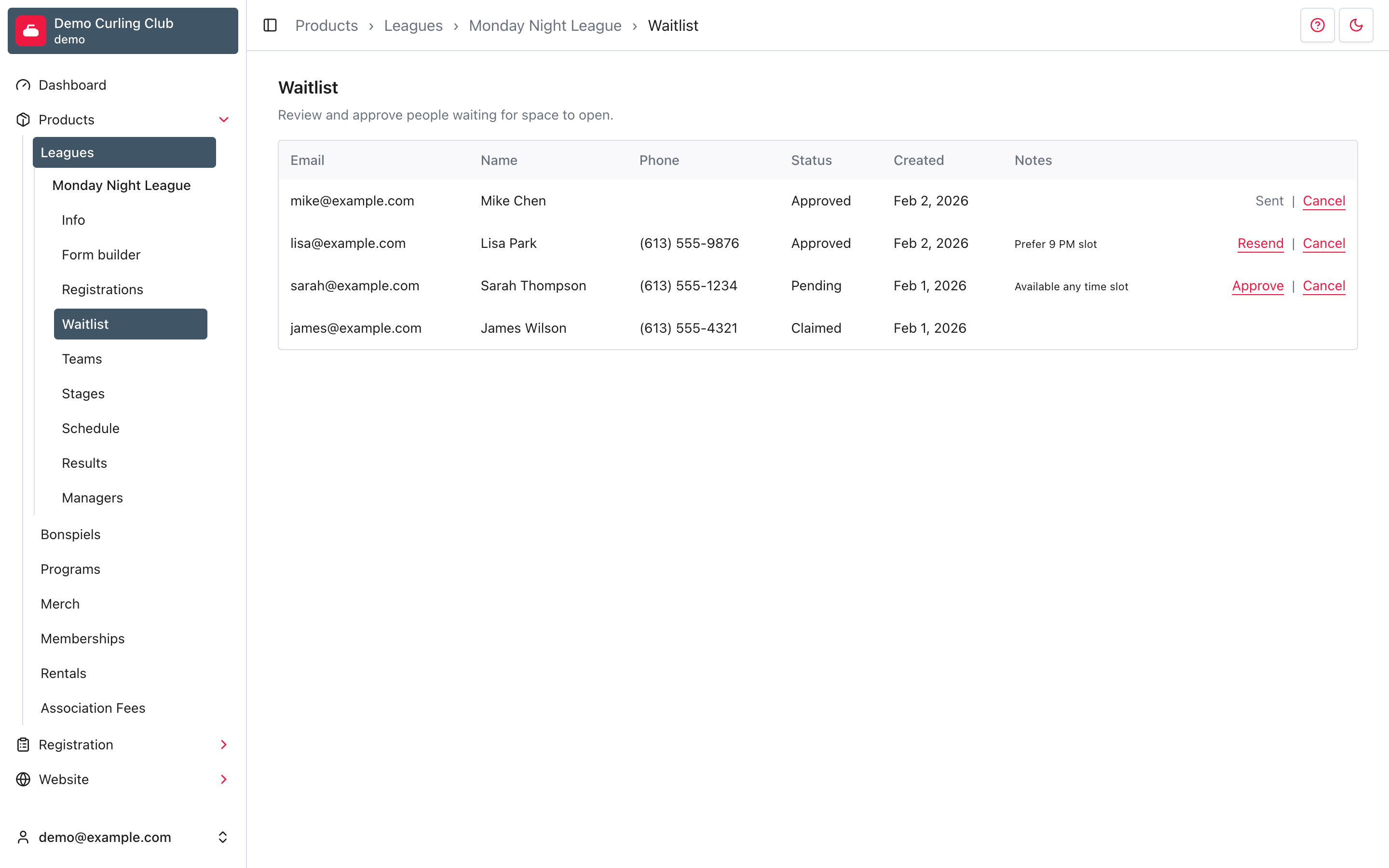 Monday Night League waitlist with fictional approved, pending, and claimed entries and their available actions.