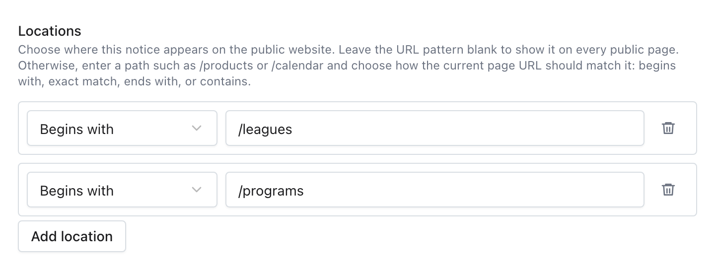 Public Notice Locations with Begins with rules for the Leagues and Programs sections.