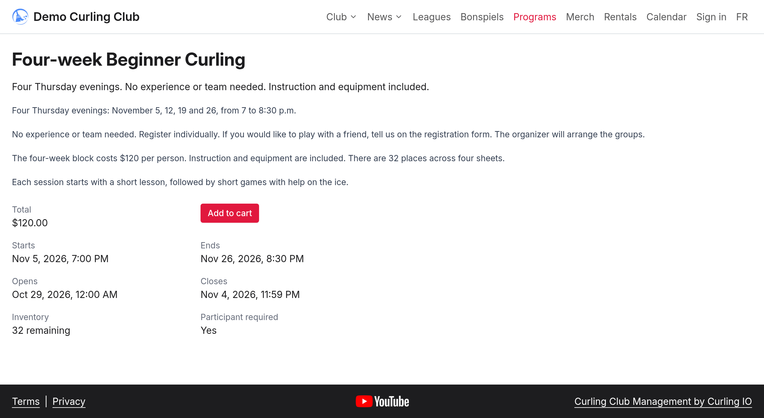 The public Four-week Beginner Curling page with session dates, individual registration, a price of $120 and 32 places.
