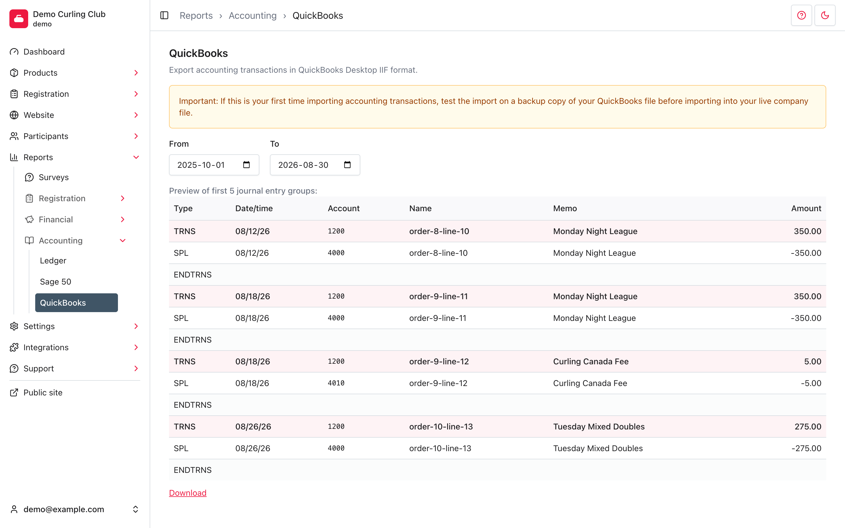 QuickBooks report previewing balanced general-journal groups before download.
