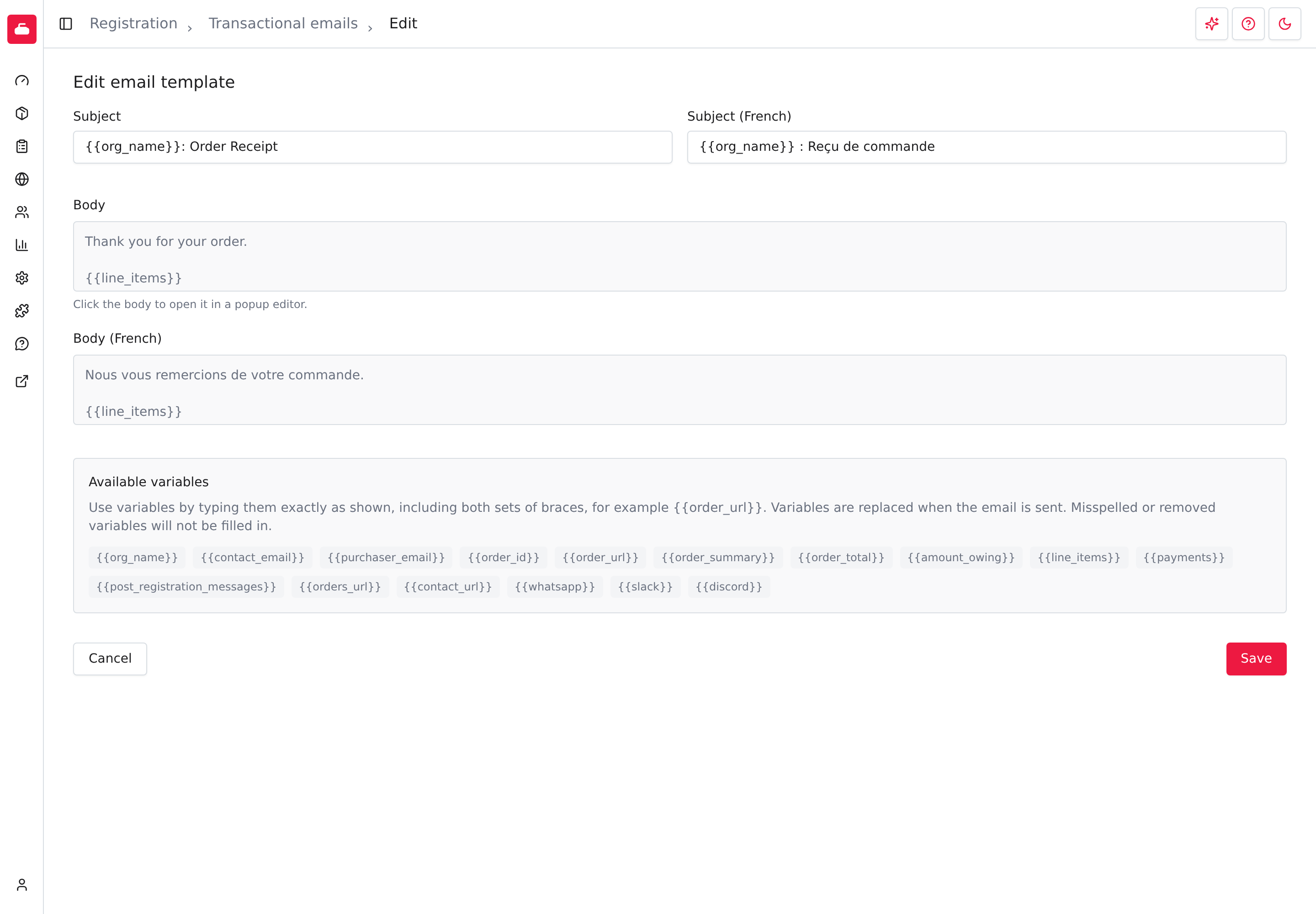 Receipt template editor with its subject, message body, available variables, and Save action.