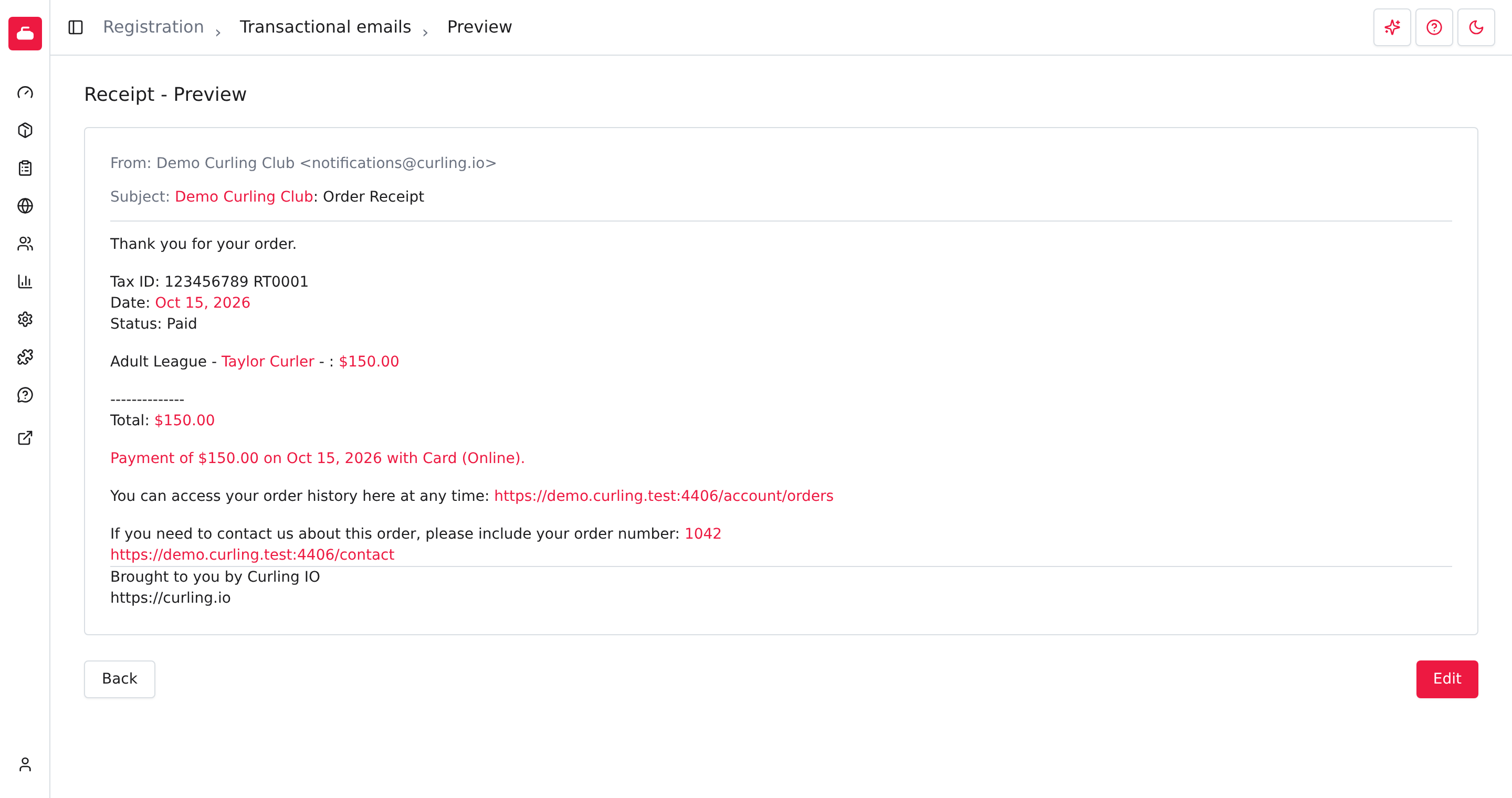 Default Receipt email preview showing its sender, subject, resolved order details and Edit action.