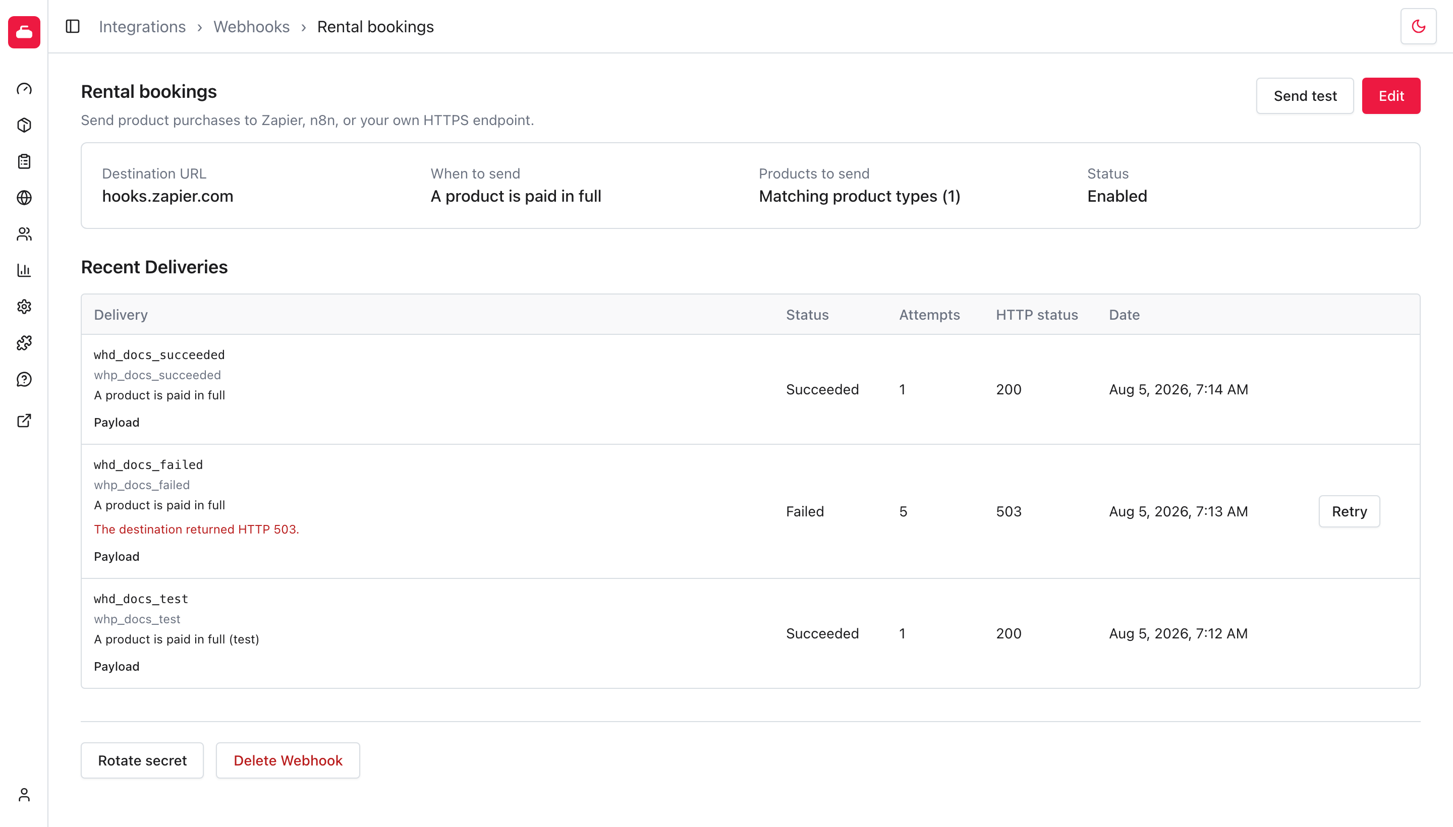 Recent Curling IO webhook deliveries, including successful and failed attempts.