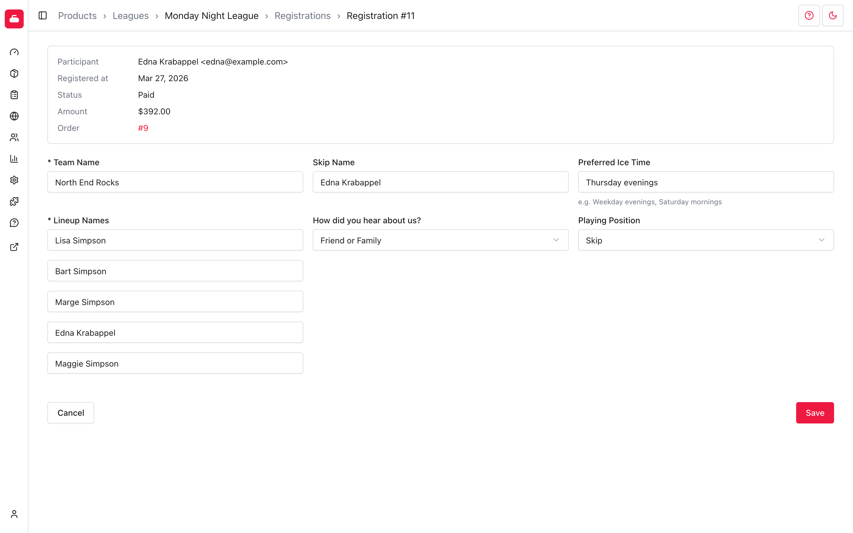 Registration edit screen for a fictional participant with a team name, lineup, preferred time, and custom-question answers.