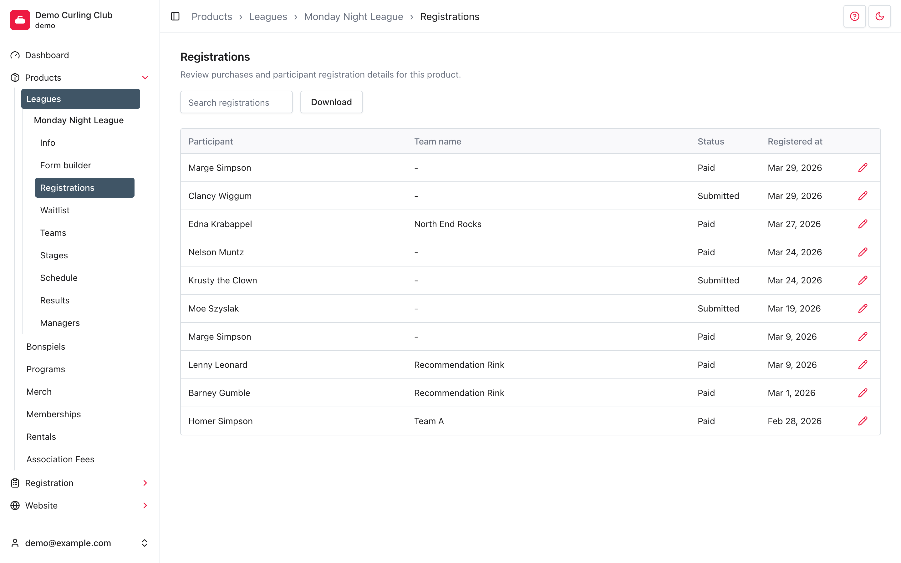 Monday Night League registrations showing fictional participants, team names, statuses, dates, and edit actions.