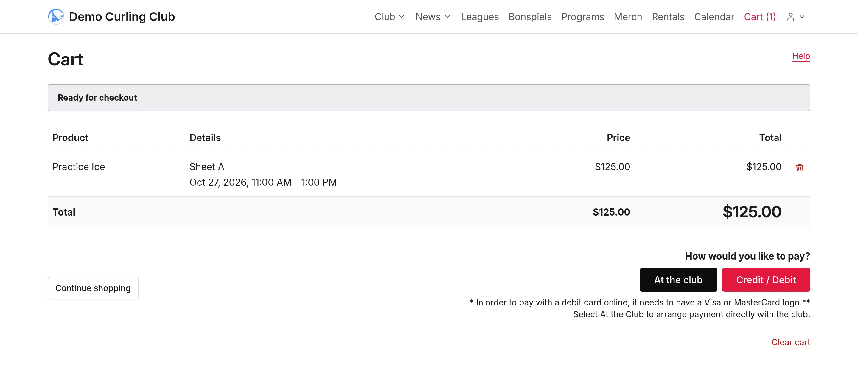 Cart showing the booked practice ice, sheet, time and price
