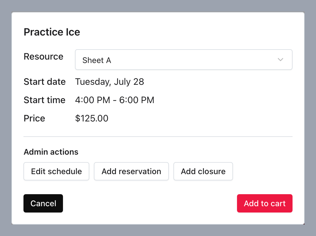 Administrator view of Rental details with Resource selection, schedule shortcuts, and Add to cart