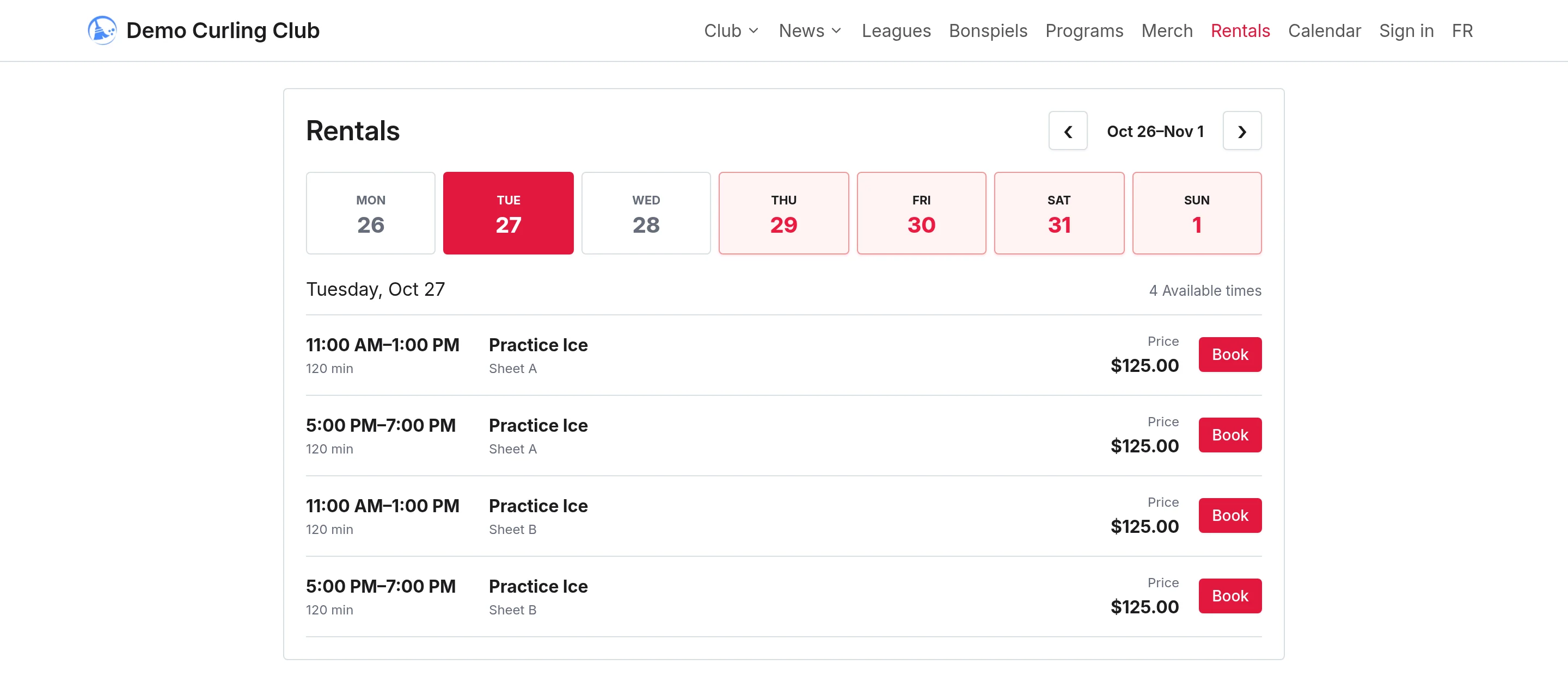 The club rental booking page showing available sessions, resources, and prices