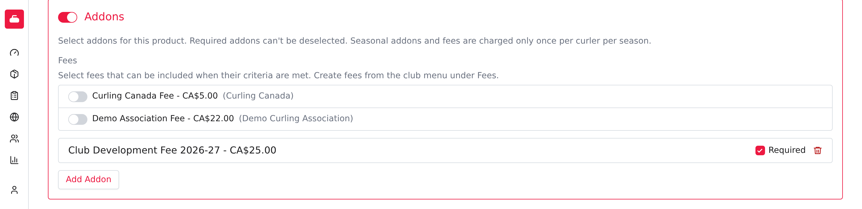 The $25.00 Club Development Fee attached to the league with Required checked, beneath separately configured association fees.