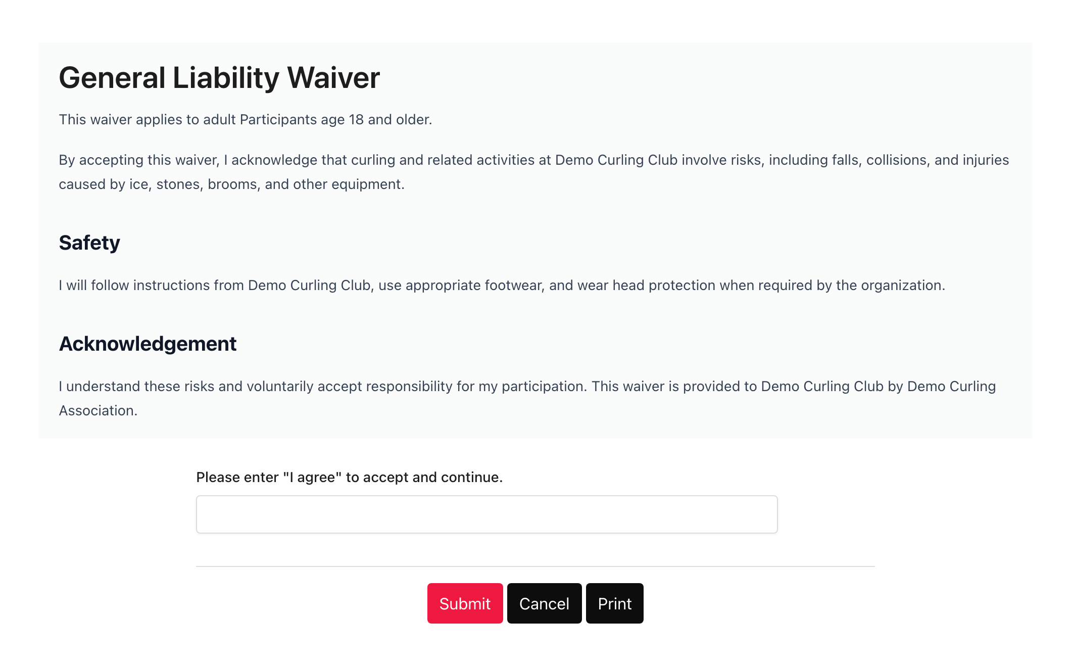 Required General Liability Waiver showing the waiver text and the field where the account holder types the acceptance text.
