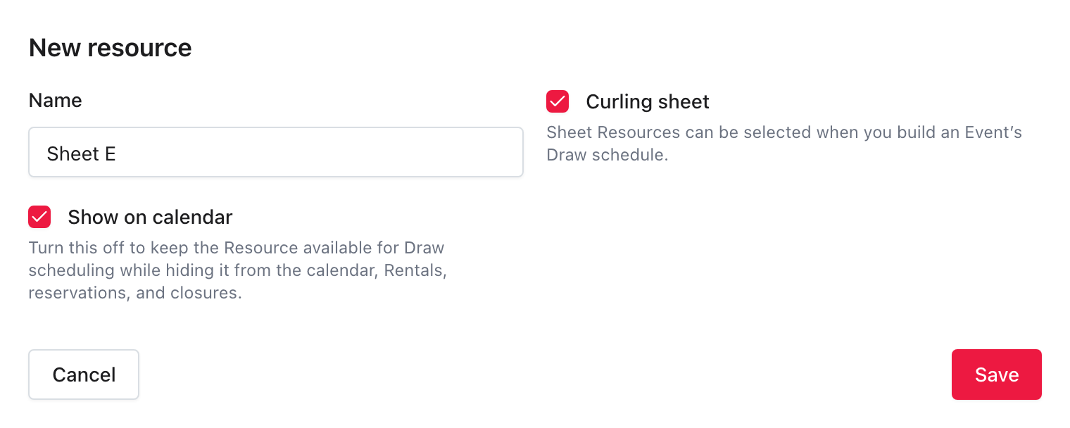 Resource form showing Name, Curling sheet, and Show on calendar