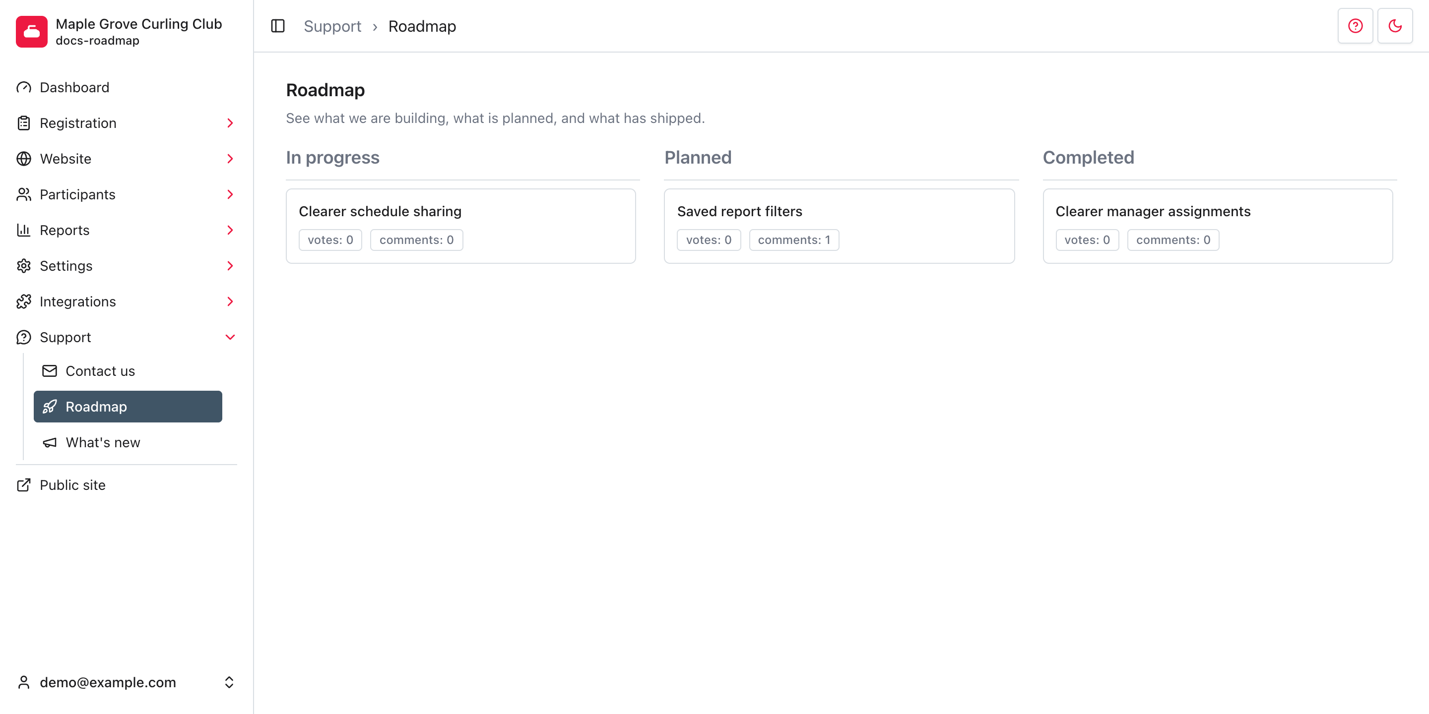 Roadmap with In progress, Planned, and Completed columns and vote and comment counts