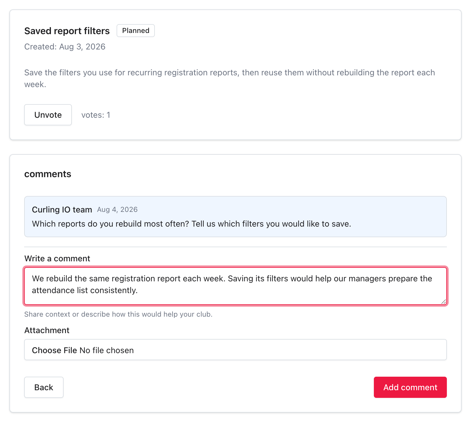 Request with an organization vote and a comment ready to submit