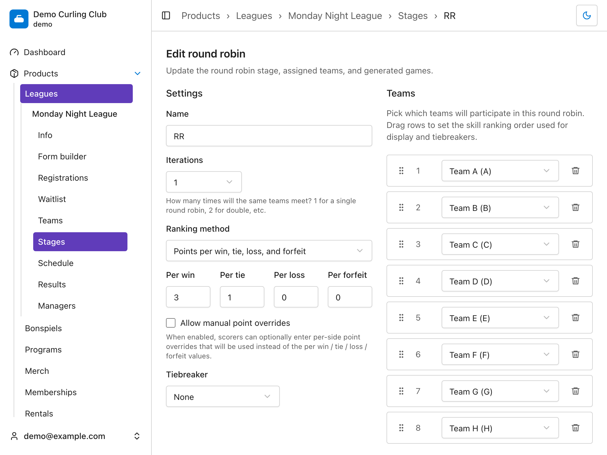 Round robin settings and ordered team assignments