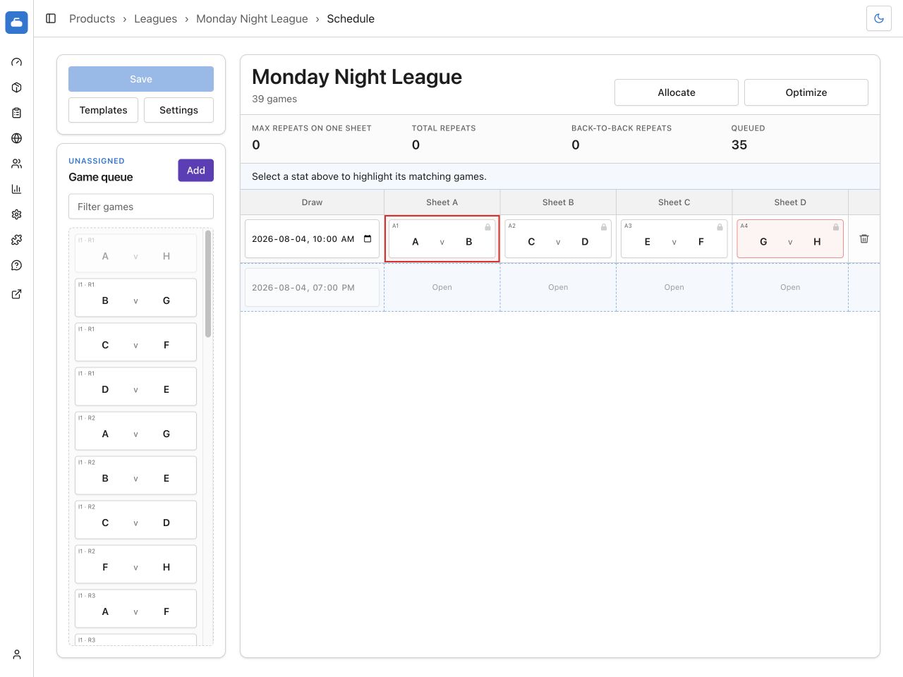A dragged Game hovering over a conflicting Draw with affected Games highlighted red
