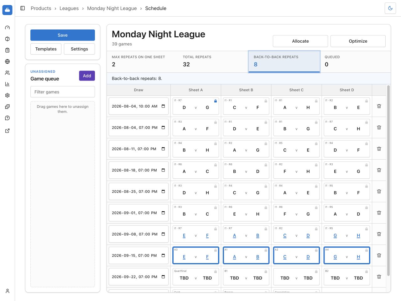 The Back-to-back repeats statistic selected with matching Games and Teams highlighted