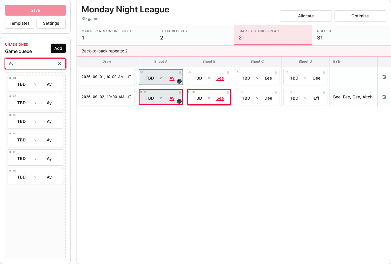 The Game queue filtered to Ay with matching scheduled games marked beside a selected fairness statistic