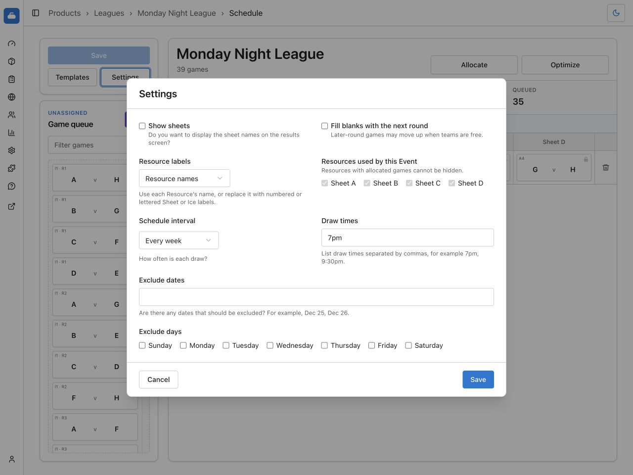 Schedule settings with display, Resource, Draw-time, and exclusion options