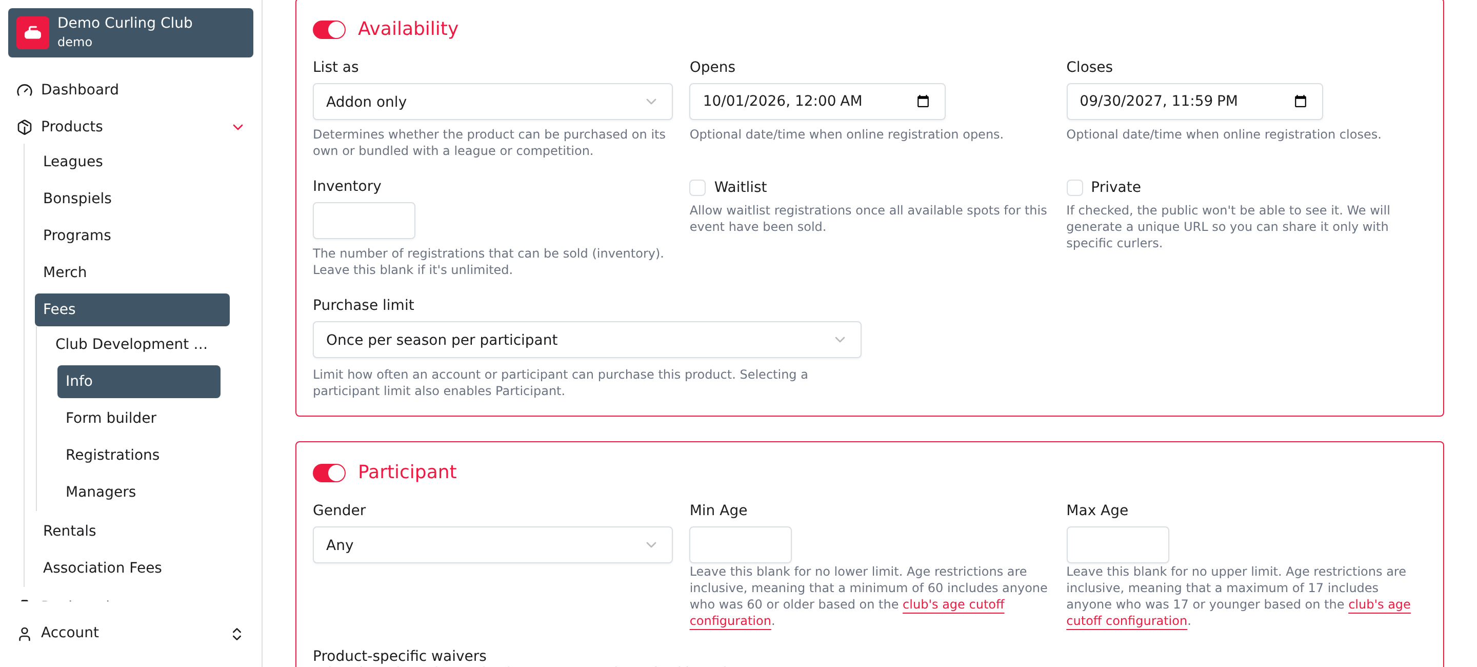 The ordinary fee's saved addon-only listing and once-per-season participant limit, with Fees highlighted in the navigation.