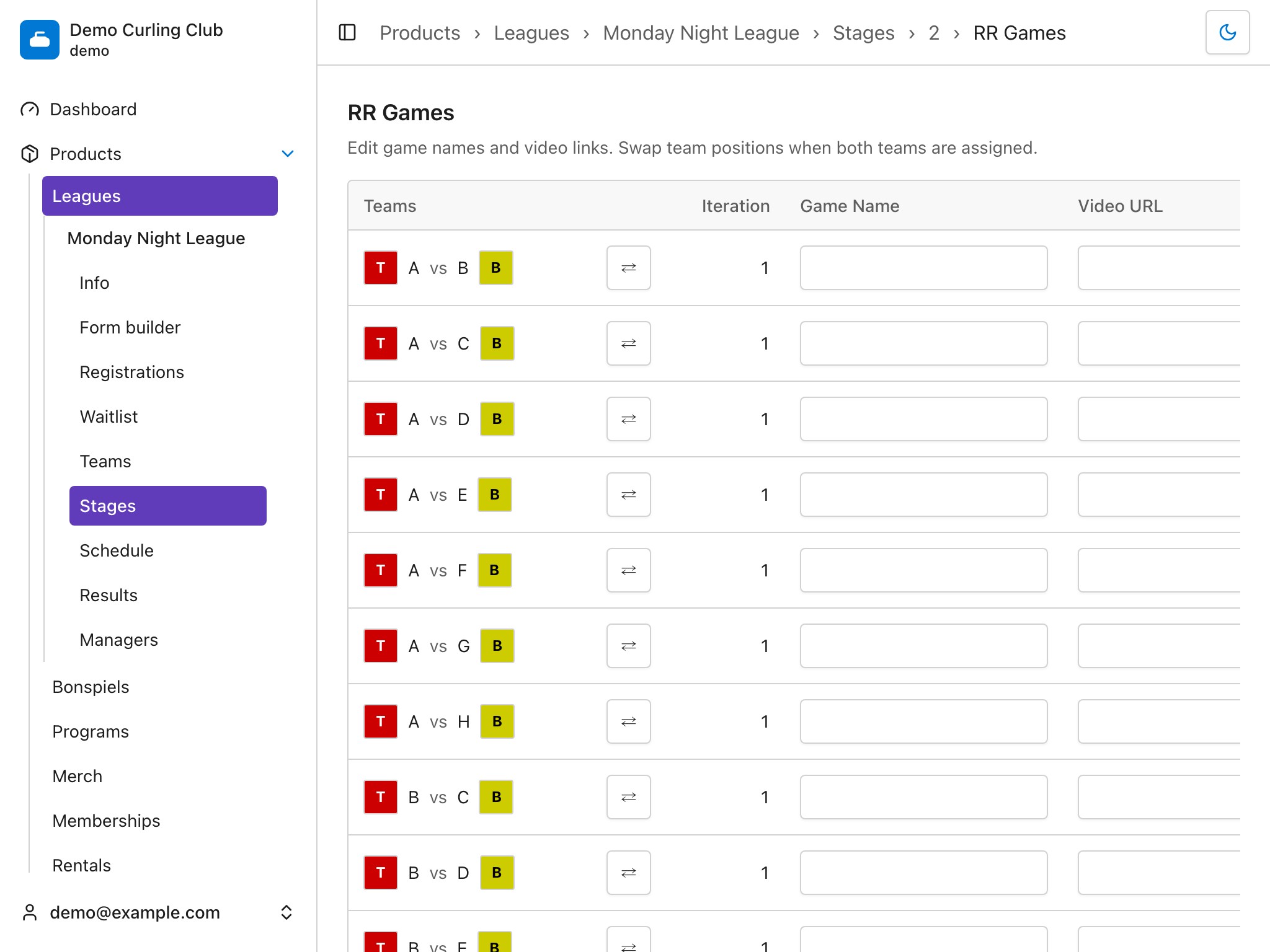 Generated round-robin games with team positions, names, and video links